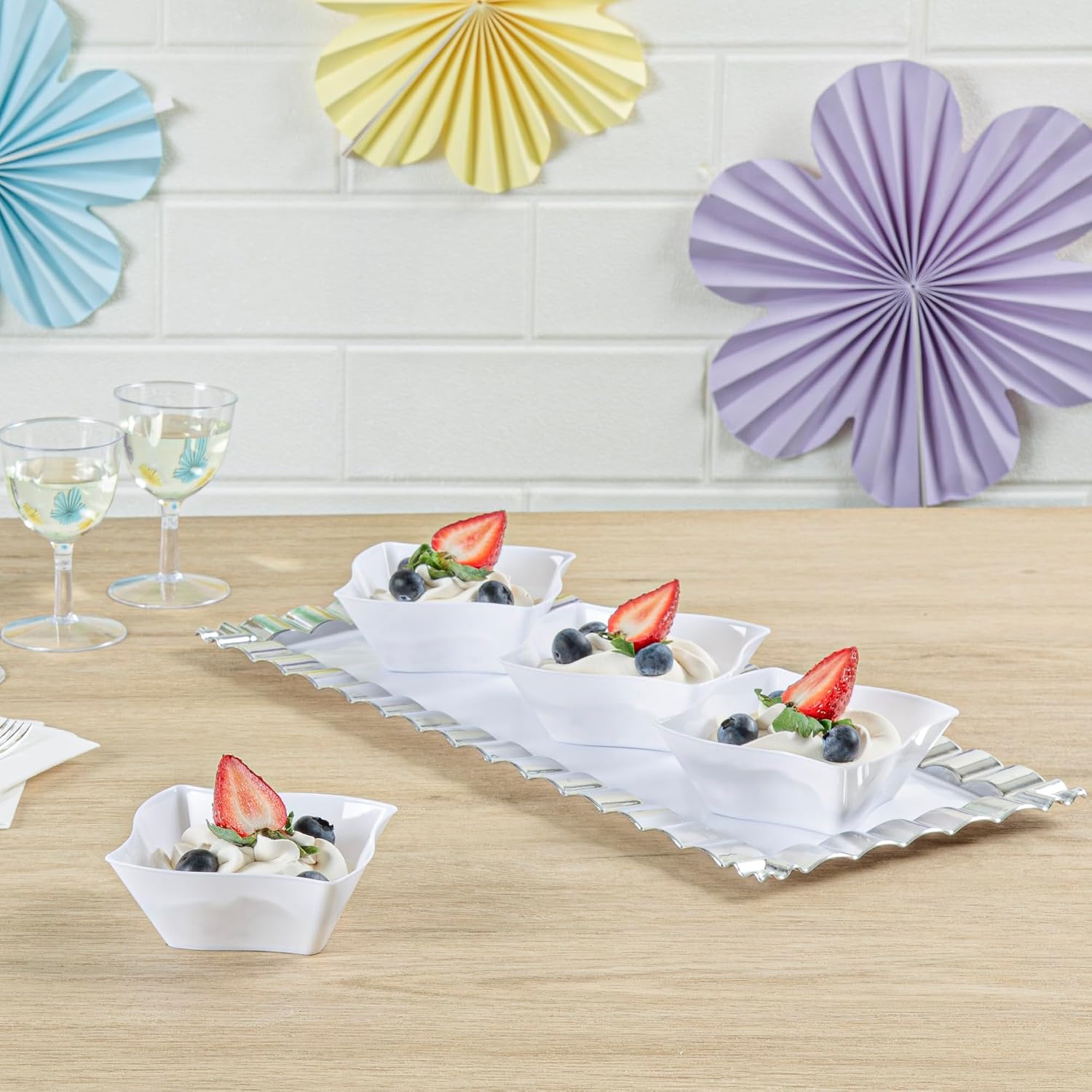 Restaurantware 3.3 x 3.3 x 1.4 Inch Dessert Plates 100 Small Cocktail Plates - Square Wavy Edges White Plastic Disposable Appetizer Plates Holds Entrees For Wedding Or Birthday Parties