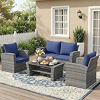Wisteria Lane 4-Piece Navy Blue Wicker Patio Conversation Set with Cushions & Glass Table - All-Weather Outdoor Sofa