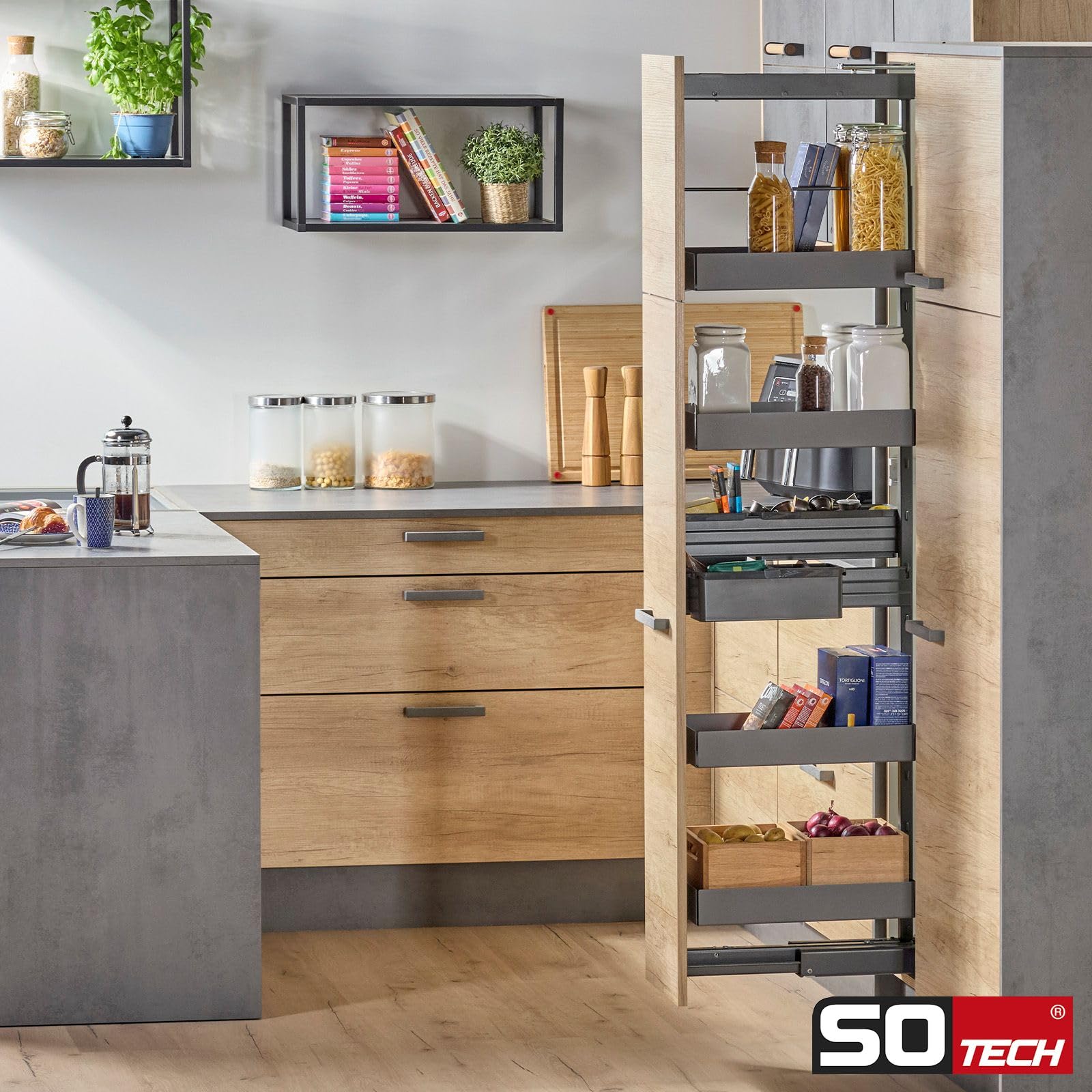 SOTECH Einhängetablar 300 mm (252 x 460 x 77 mm) anthrazit mit Antirutsch-Einlegematte für Apothekerauszug DISPENSA, DISPENSA junior & DISPENSA Swing – Zubehör für Nobilia Apothekerschränke ab 01.2025