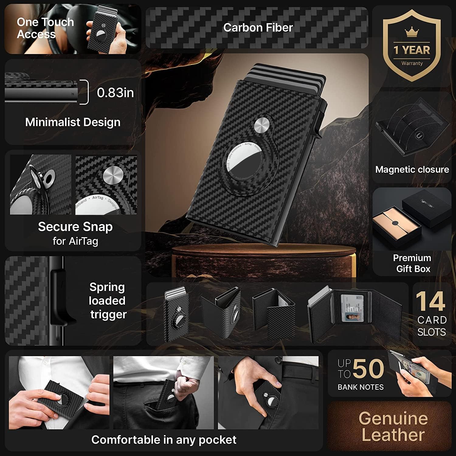 Drexoxo Mens Smart Wallet Card Holder for Air Tag, Minimalist Wallet with RFID Blocking, Slim Pop up Card Case Wallet?Air Tag Wallet with ID Window & Cash Slot (Only Pop Up)