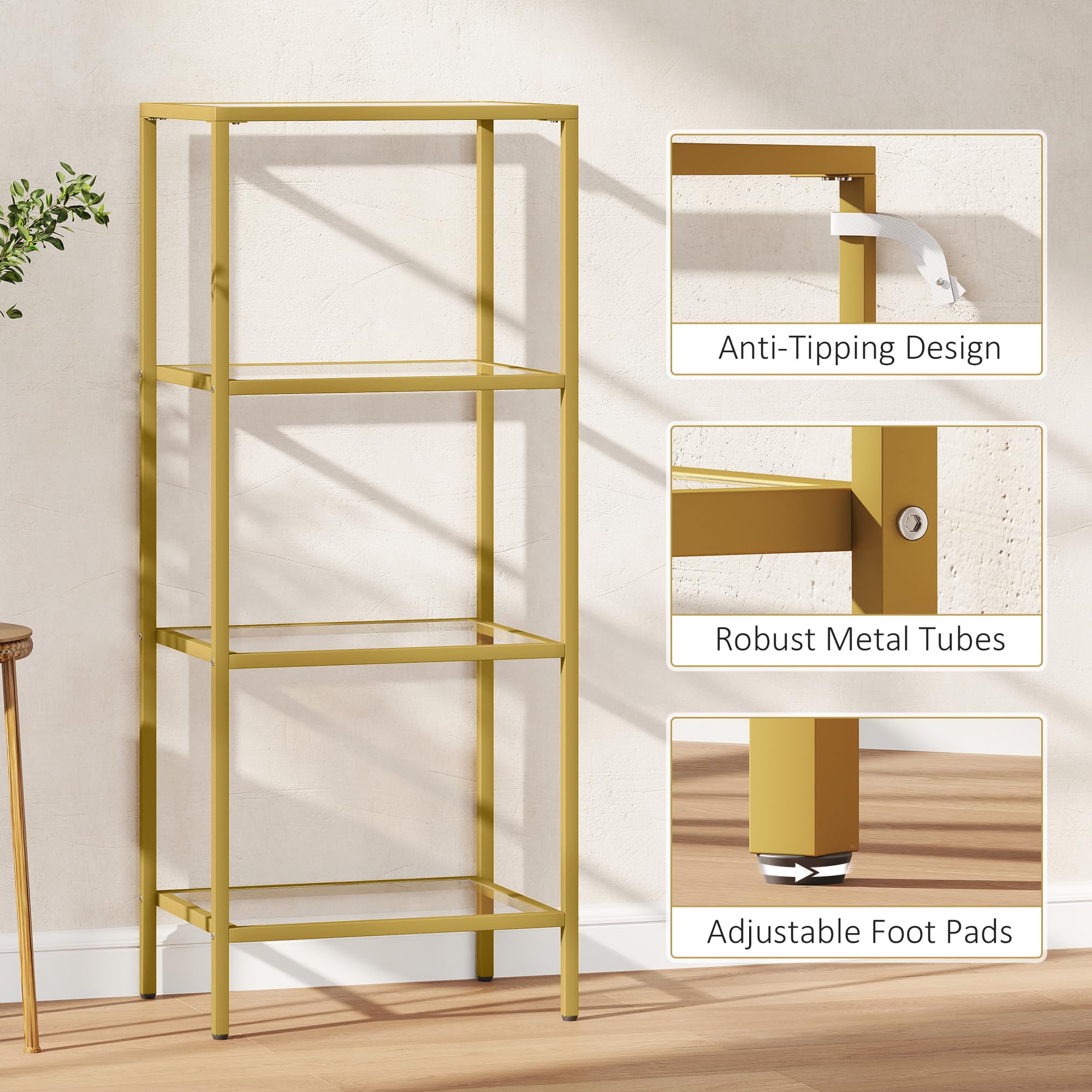 HOMCOM 4-stöckiges Glasregal modern 40x30x97 cm Goldfarben