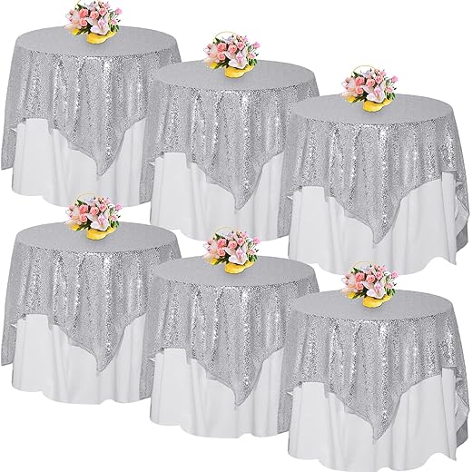 6 Pcs Square Sequin Tablecloth Overlays Wedding Table Decoration 50 x 50 Inch Sparkly Glitter Shimmer Table Cover Table Linen for Bridal Party Fiesta Baby Shower Holiday Supplies (Silver)
