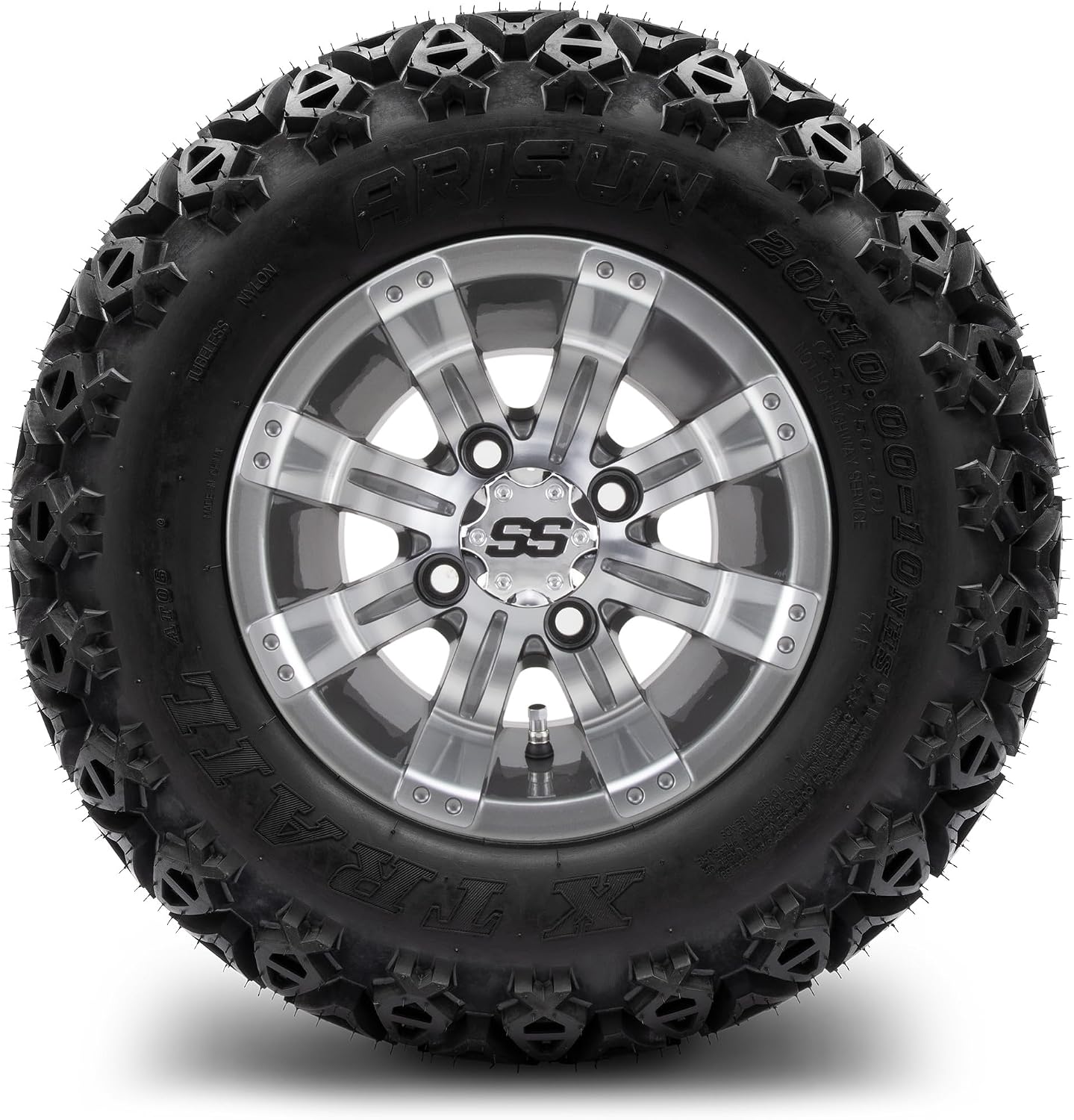 MODZ® Tempest Gunmetal 10" Golf Cart Wheels and Arisun X-Trail (20x10-10) All-Terrain Golf Cart Tires Combo - Set of 4