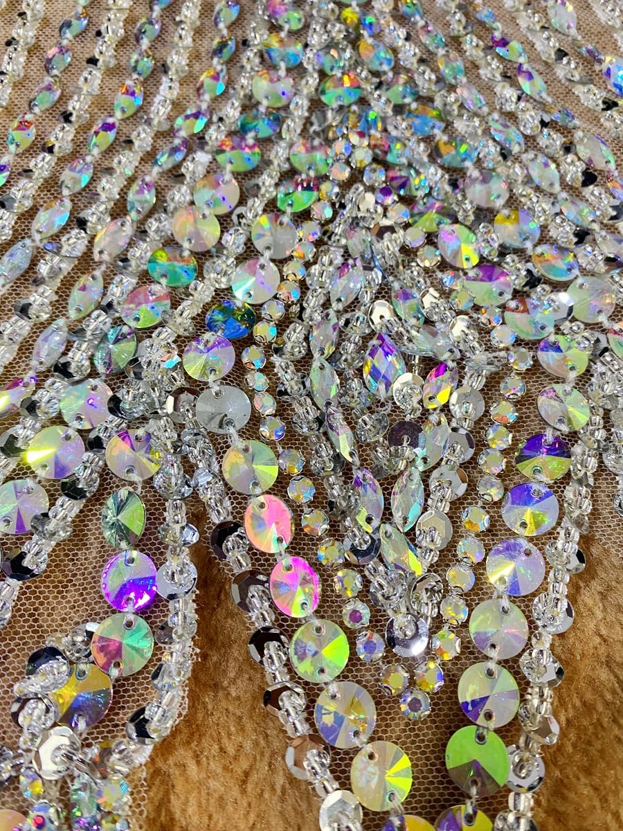 Pure Hand Sewing Beads Applique Rhinestones Trim Patches Shiny Cloth Accessories 15X26in (Clear AB)