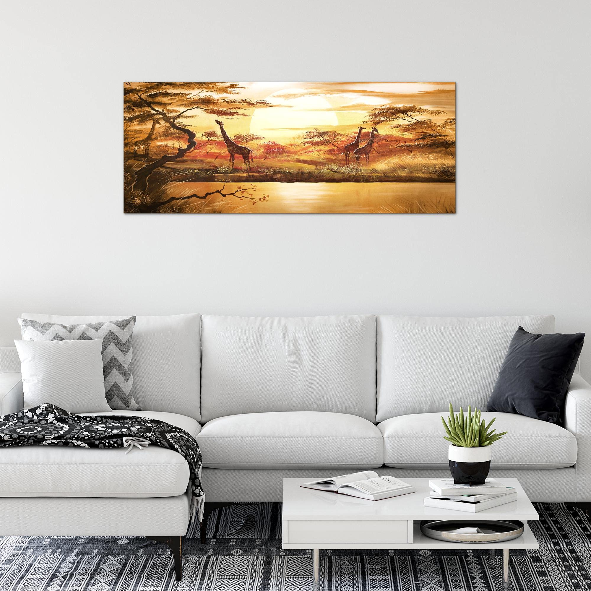 Quadro Moderno Africa Tramonto Con Giraffa Ed Elefante | Stampa Su Tela Non Tessuta | 1 Pezzo - Foto 5