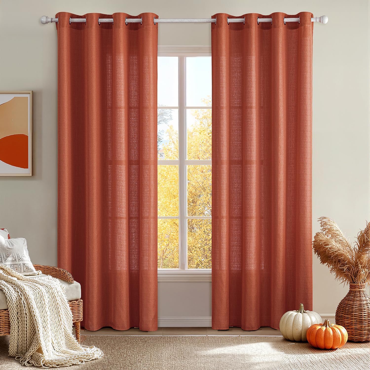 MIULEE Burnt Orange Faux Linen Textured Curtains 96 Inches Long 2 Panels for Living Room Bedroom, Semi Sheer Light Filtering Privacy Window Curtains Terracotta Grommet Drapes Rust Boho Fall Decor