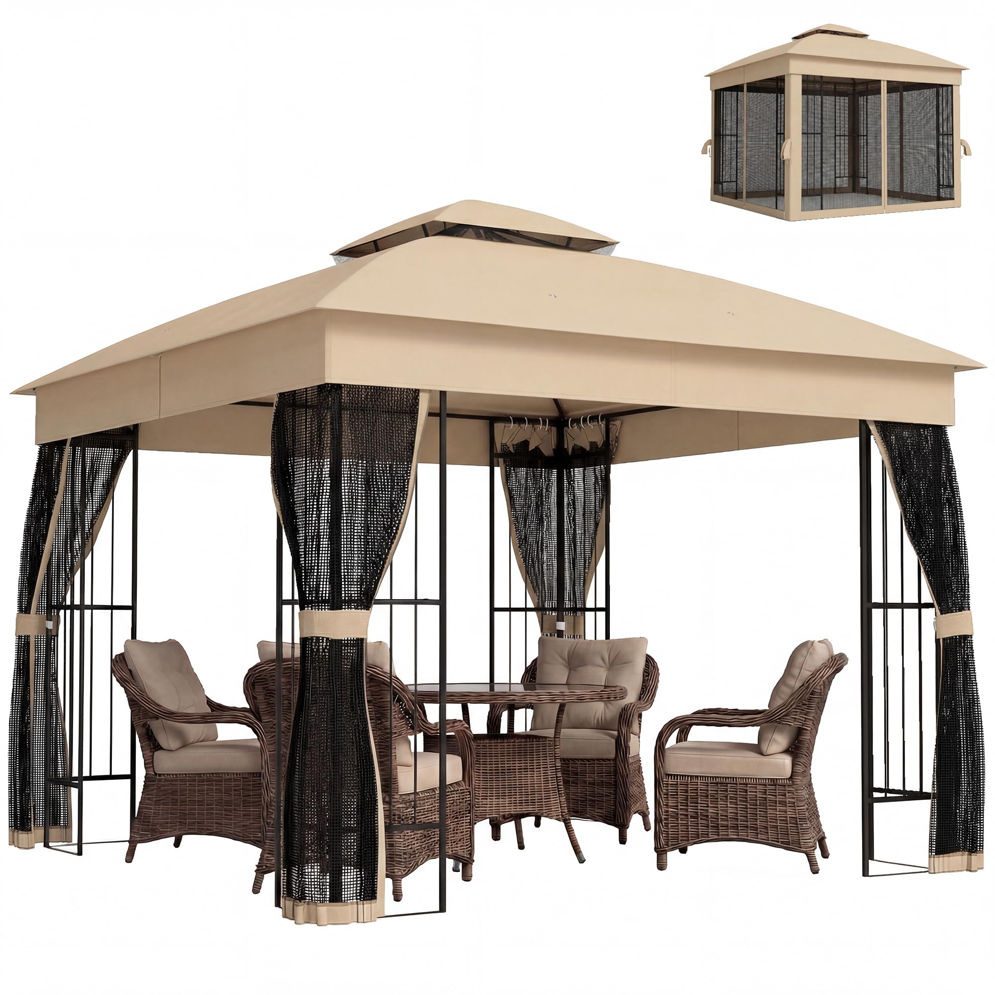 Outsunny 3 x 3 m Outdoor Garden Gazebo with Post Shelves, UPF50+ Double Roof Patio Gazebo Permanent Pavilion Canopy Shelter with Metal Frame, Mosquito Netting, Brown