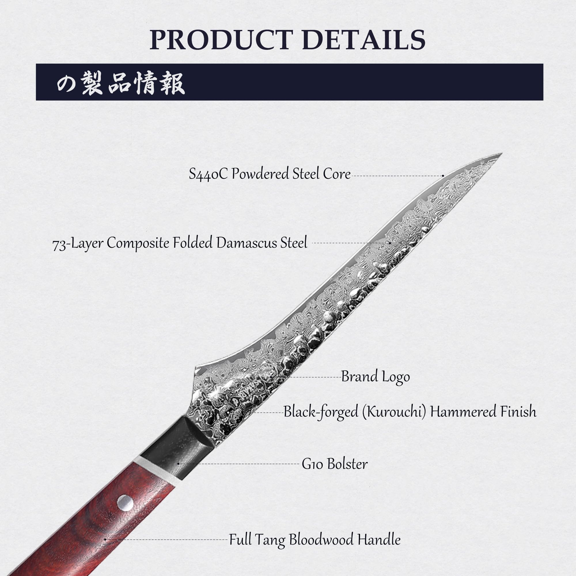 MITSUMOTO SAKARI Cuchillo Japonés para Deshuesar, 14,6 cm Cuchillo Flexible | Cuchillos Cocina de Acero Damasco S440C en Polvo, para Deshuesar Aves, Mango Madera de Sangre y G10, Caja Regalo Sándalo