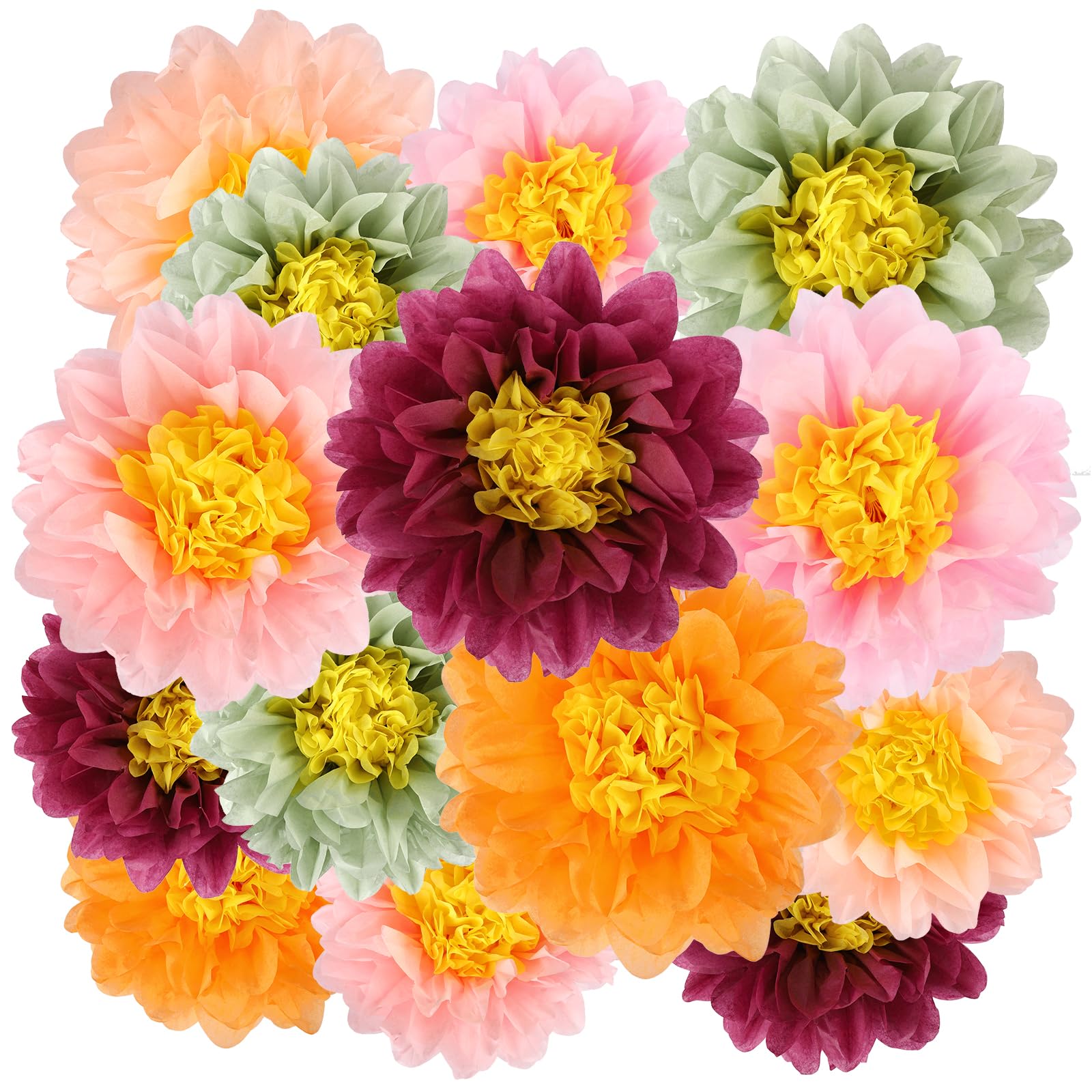 BestoFun 14er Set Papierblumen Orange Weinrot Salbeigrün Seidenpapier Pompons Deko Rosa Tissue Papier Pom Poms Blumen Hängende Girlande Dekoration für Hochzeit Gartenparty Geburtstag Party Deko