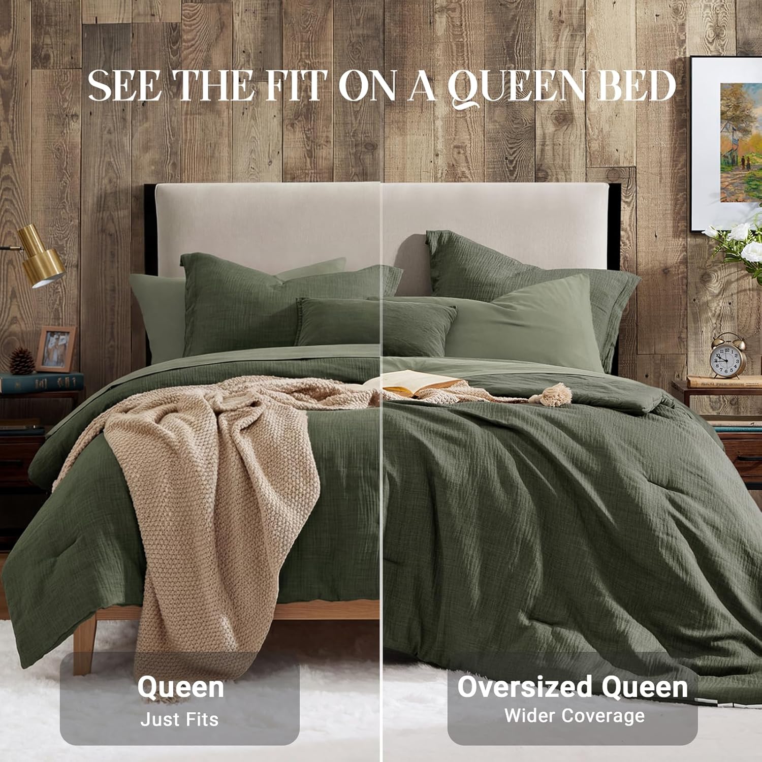 Geniospin Dark Olive Green Queen Comforter Set - 7 Pieces Comforter Queen Size, Solid Bedding Set for All Season, Textured Bed in a Bag with Sheets - Image 8