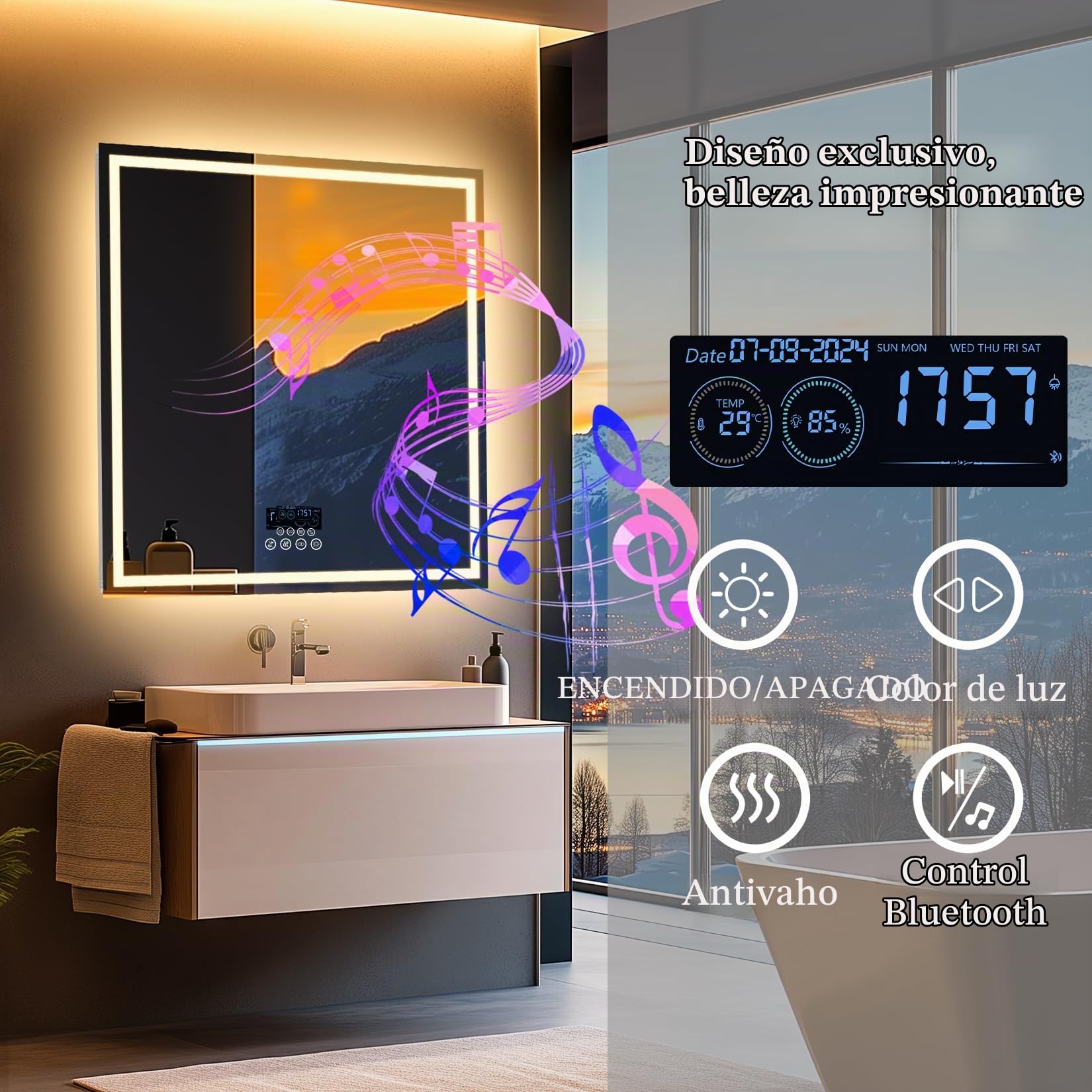 LUVODI Espejo Baño Led con Luz Bluetooth: 80x80 cm Espejo Pared Antivaho Cuadrado Espelho Banho Lavavo con 2 Altavoz Luz Frontal y Retroiluminado 3 Color de Led Regulable, Memoria, Certificado CE