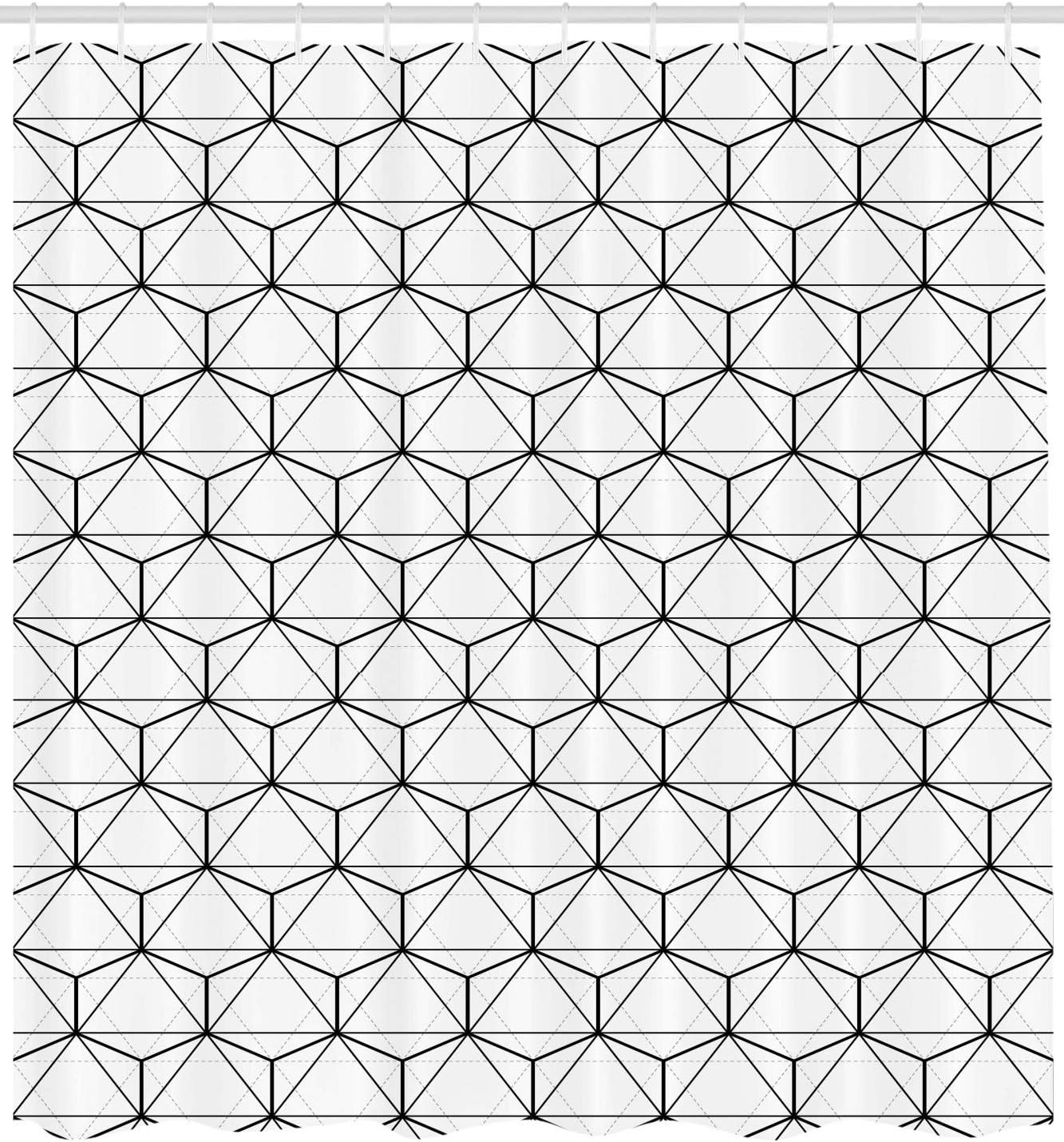Ambesonne Geometric Shower Curtain, Abstract Lines Charcoal Grey Colored Striped Image with Hexagonal Design, Cloth Fabric Bathroom Decor Set with Hooks, 69" W x 84" L, Black and White