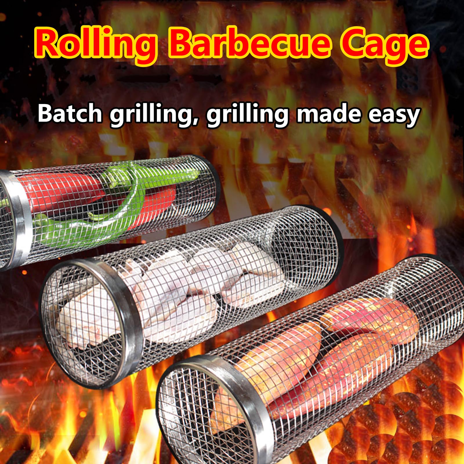 3 Cestini Rotanti Per Griglia In Acciaio Inox - Gabbie Per Barbecue Portatili, Per Verdure, Pesce E Patatine, Con Ganci, Facili Da Pulire