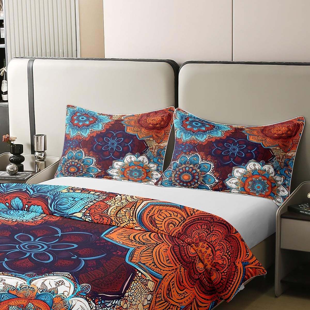 Erosebridal 100% Cotton Mexican Otomi Comforter Cover King,Bohemian Colorful Mandala Duvet Cover,Southwestern Retro Flower Floral Bedding Set,Boho Ombre Bright Teal Red Orange Tribe Quilt Cover