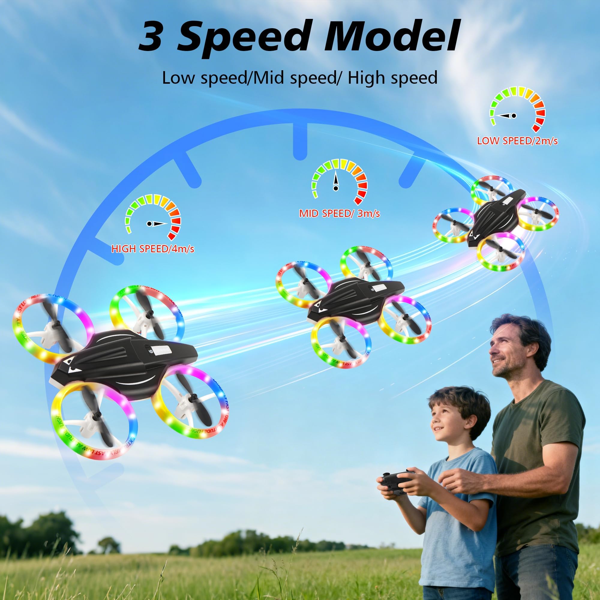 Mini-Drohne für Kinder, ferngesteuertes Spielzeugflugzeug für Kinder und Anfänger mit LED-Lichtern, ferngesteuerte Drohne mit 360°-Drehung, 2 Akkus