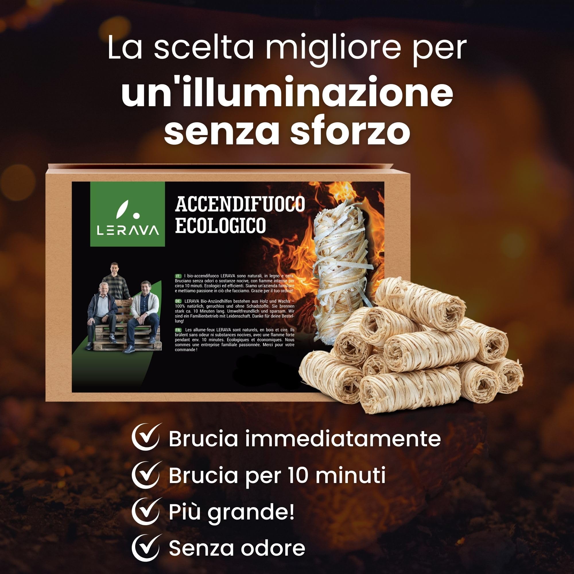 LERAVA Accendifuoco Ecologico 200pz Fire Starter Naturale Fiamma Forte Carbonella Barbecue Camino Stufa 2,4kg