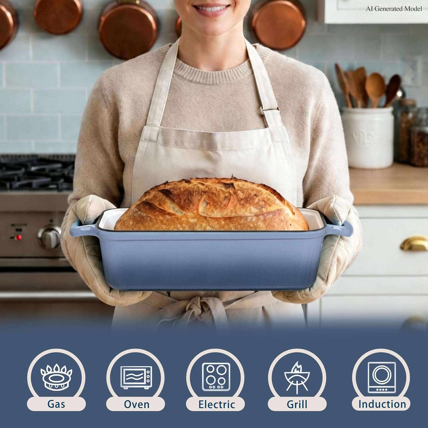 11x5 Inch Cast Iron Loaf Pan with Lid, Large Loaf Pans for Sourdough Bread Baking, Even Heat Distribution Dutch Oven Bread Pan for Homemade Bread, Meatloaf (5.8Qt, Seasalt)