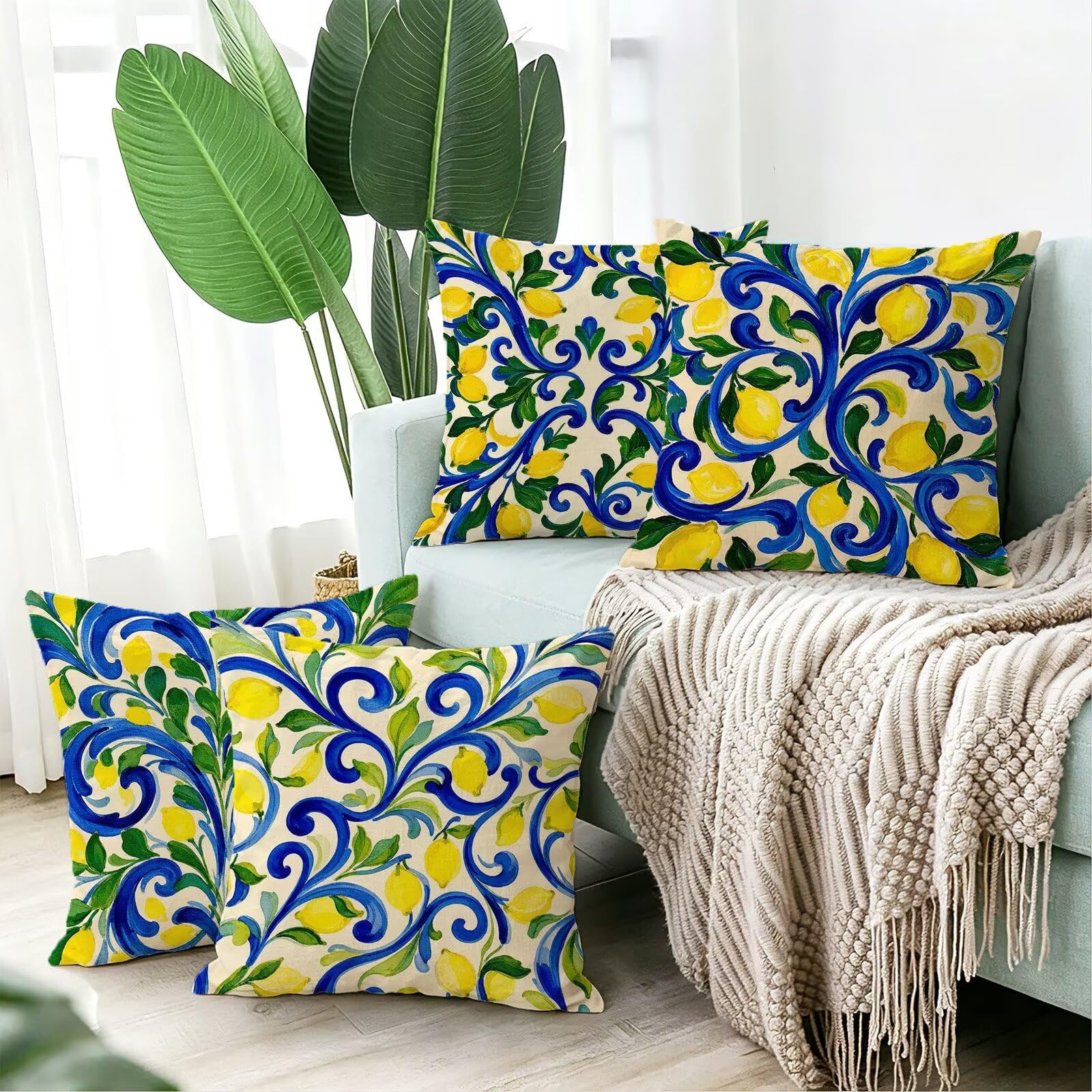 Cojines Exterior Azul Funda Almohada 45x45 Impermeables Juego de 4, Cod-472