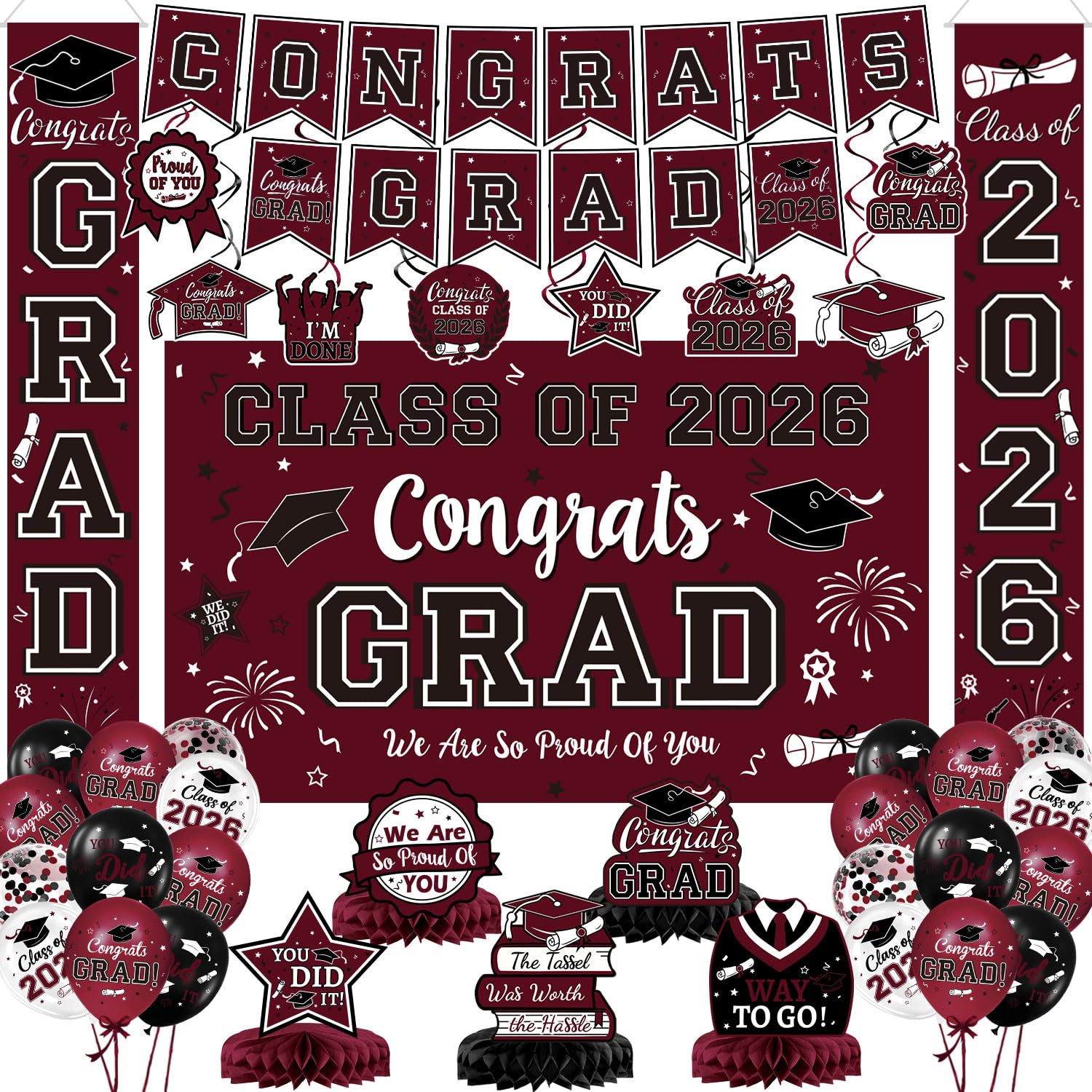 Maroon Themed Graduation Decorations Class of 2026 - Congrats Grad Banner & Backdrop, Porch Sign, Hanging Swirls, Balloons, Honeycomb Centerpieces for