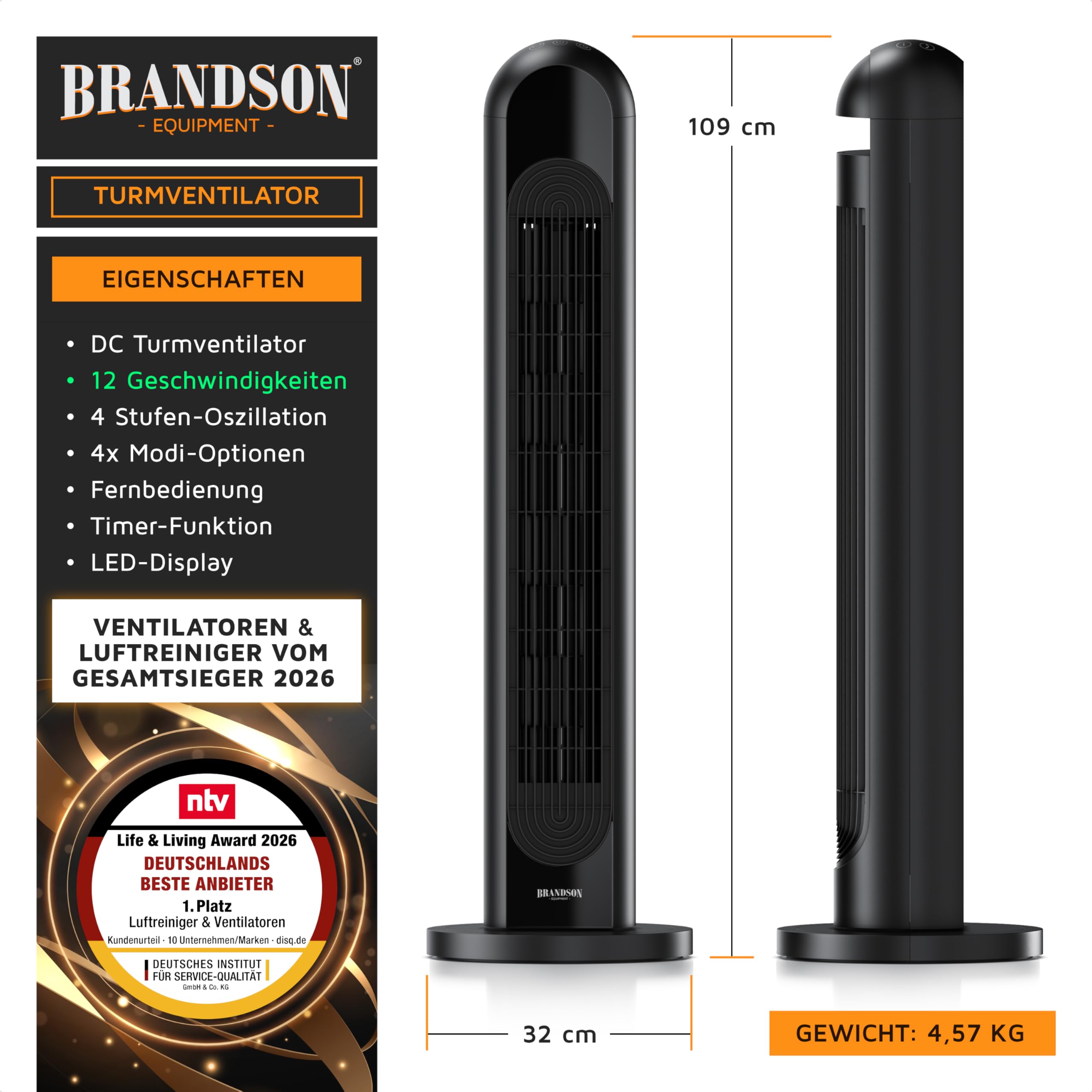 Brandson - DC Turmventilator Eco Design – sehr leise - mit DC Motor – Sieger Ventilatoren und Luftkühler 2026-12 Geschwindigkeiten – 4 Modi normal Natur Schlaf Auto – Oszillation – Fernbedienung