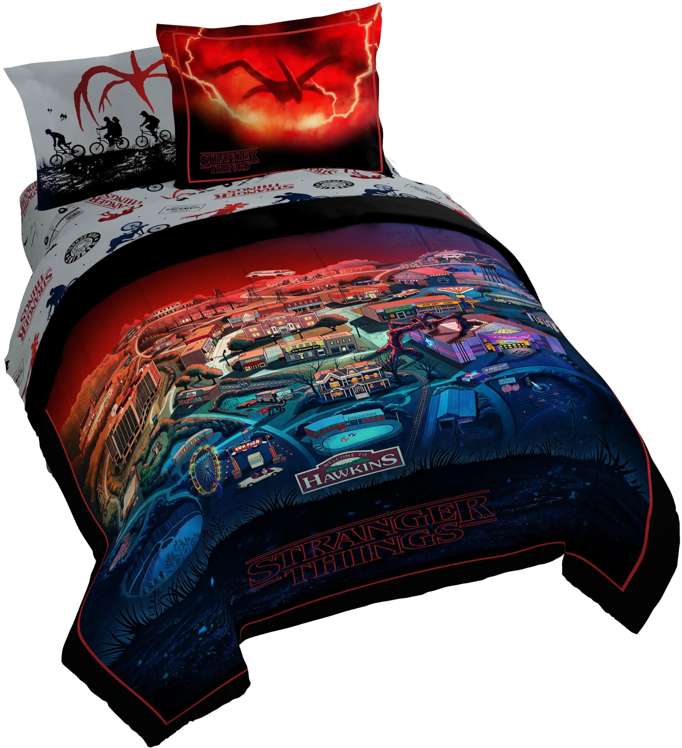 Jay Franco Comforter Set Includes Sheets and Pillow Covers - Soft and Cozy Bed Set for Stylish Room Decor, Multi - Stranger Things, 7 Piece Queen Size Bedding