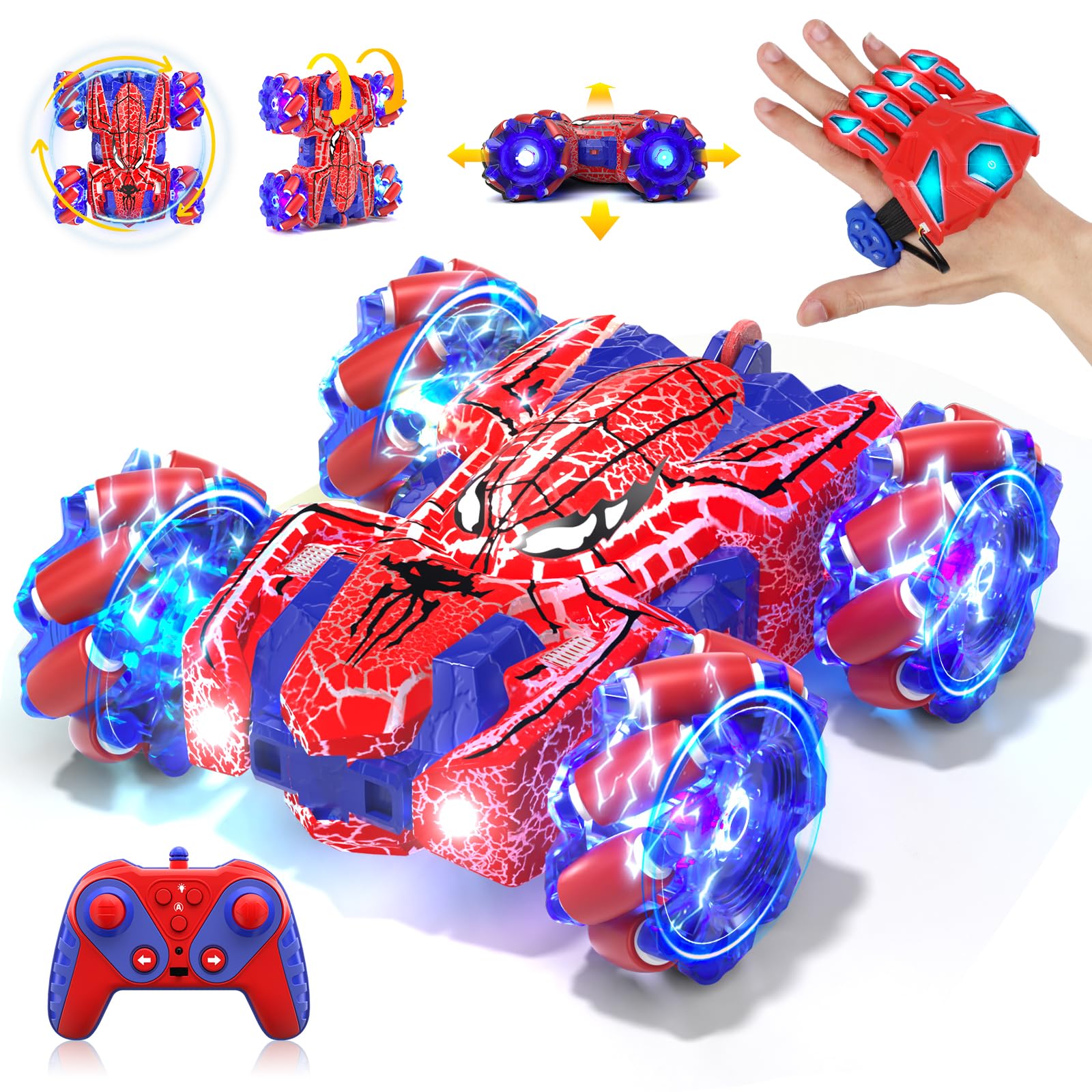SOGAWEBB Spider Auto telecomandata con riconoscimento dei gesti a partire da 4 5 6 7 8 9 10 11 12 anni, auto RC a doppia faccia con illuminazione del corpo, auto RC Stunt ricaricabile controllata a