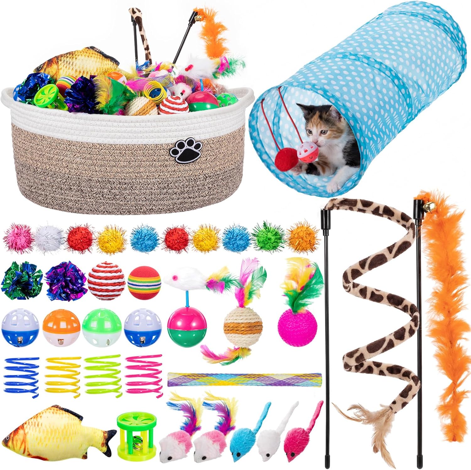 Leitee 38 Pcs Mother‘S Day Cat Storage Basket Gift Toy Set Kitten Toys, Including 2 Way Tunnel, Bell Crinkle Balls Spring Feather Teaser Sisal Ball Simulated Fish, Interactive for Indoor Pet
