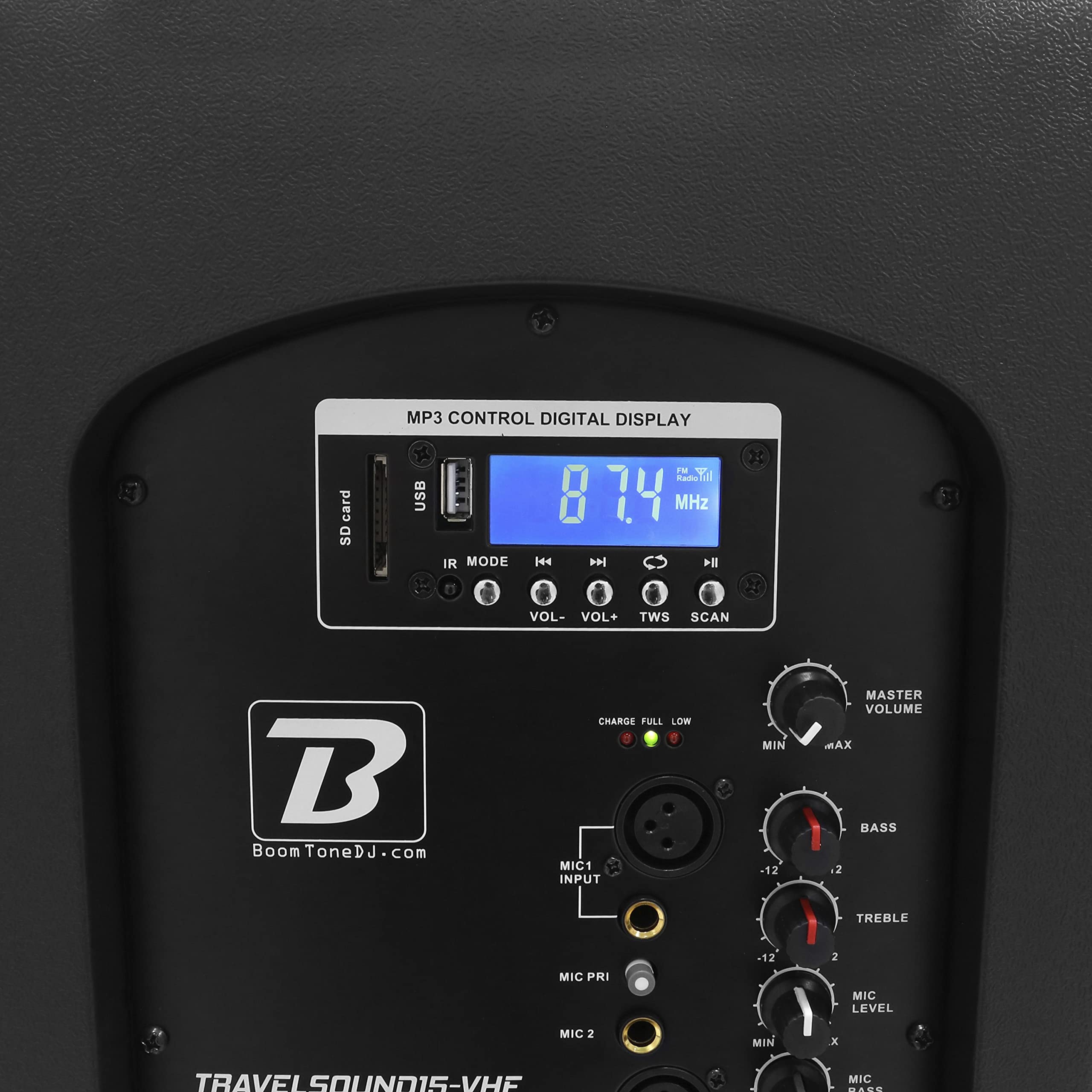 Altavoz portátil de sonido independiente con 2 micrófonos inalámbricos BoomTone DJ TravelSound15-VHF. Karaoke Altavoz 800W Sintonizador FM. Receptor Bluetooth Lector de tarjetas SD, memoria USB y
