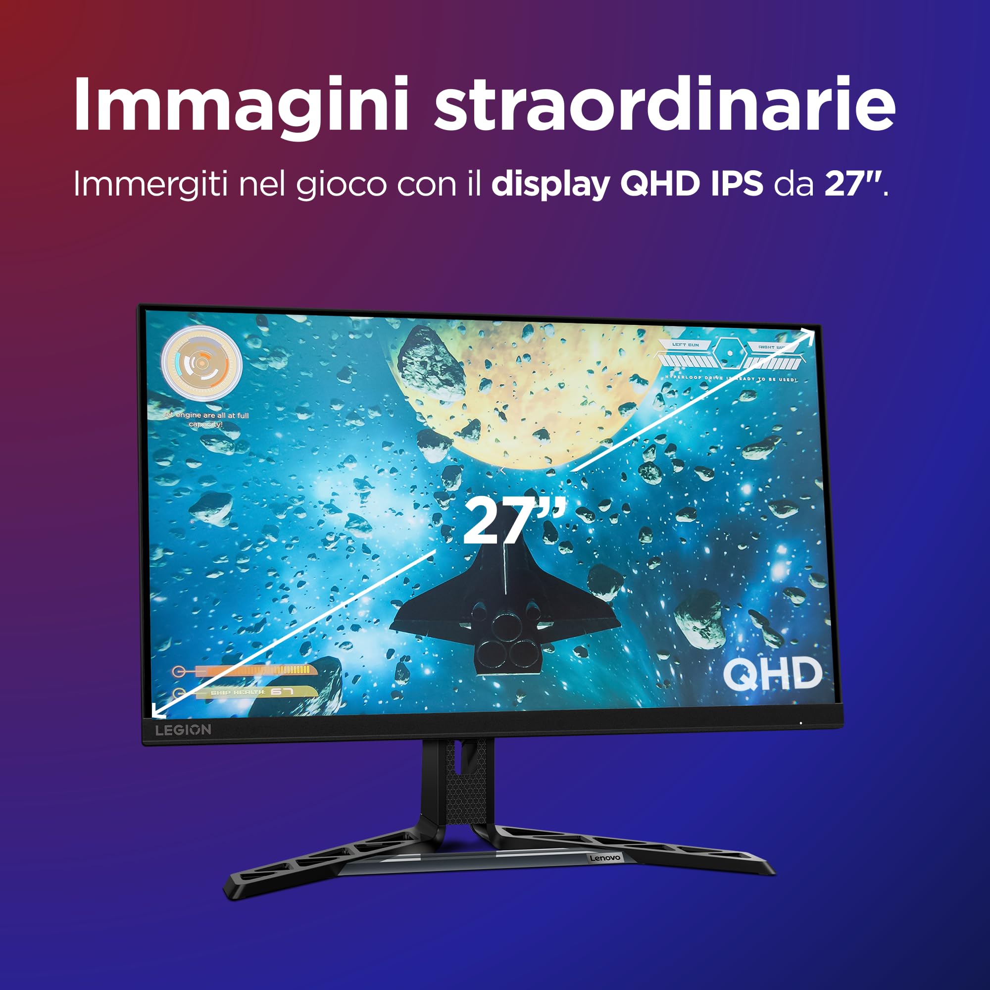 Lenovo Legion R27qe Gen 2 Gaming Monitor 27" QHD (2560x1440) IPS, 0.5ms MPRT, 200Hz, Porte 2x HDMI 2.1 e DisplayPort 1.2, Cavo DisplayPort incluso - Raven Black