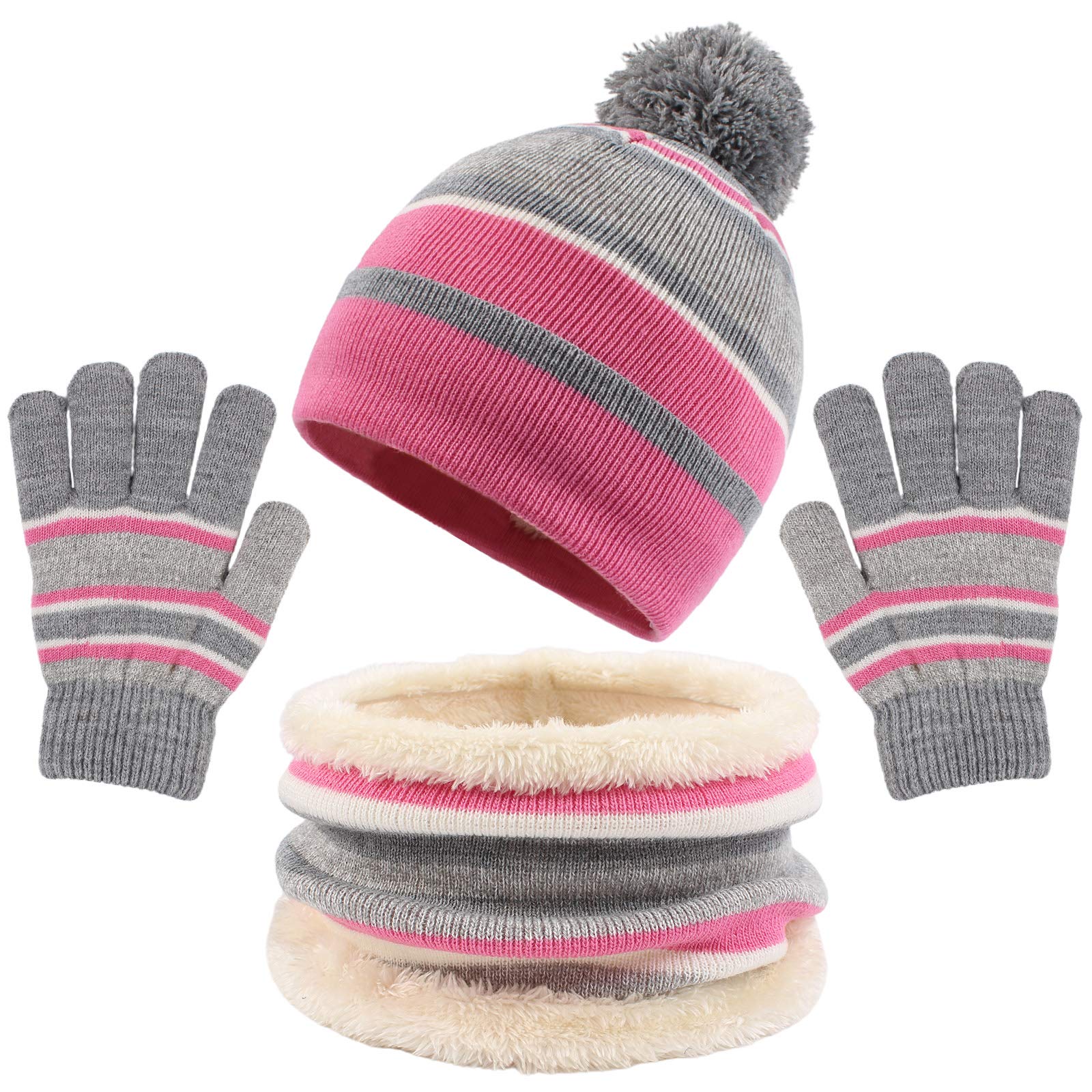 PESAAT Winter Kids Hat Scarf Glove Set Knit Girls Beanie Mittens 3-8 Years