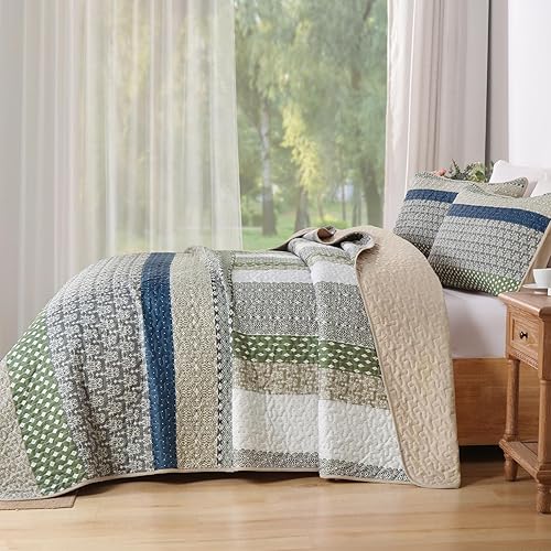 Miniatura 3 de WONGS BEDDING Juego de edredón bohemio tamaño Queen, juego de edredón de rayas bohemias de 3 piezas, juego de edredón acolchado de microfibra ligera