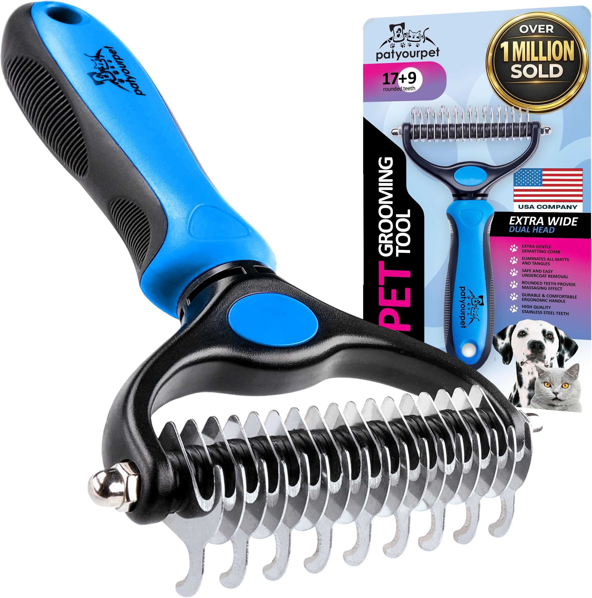Pat Your Pet double-sided deshedding brush in cyan with non-slip handle
