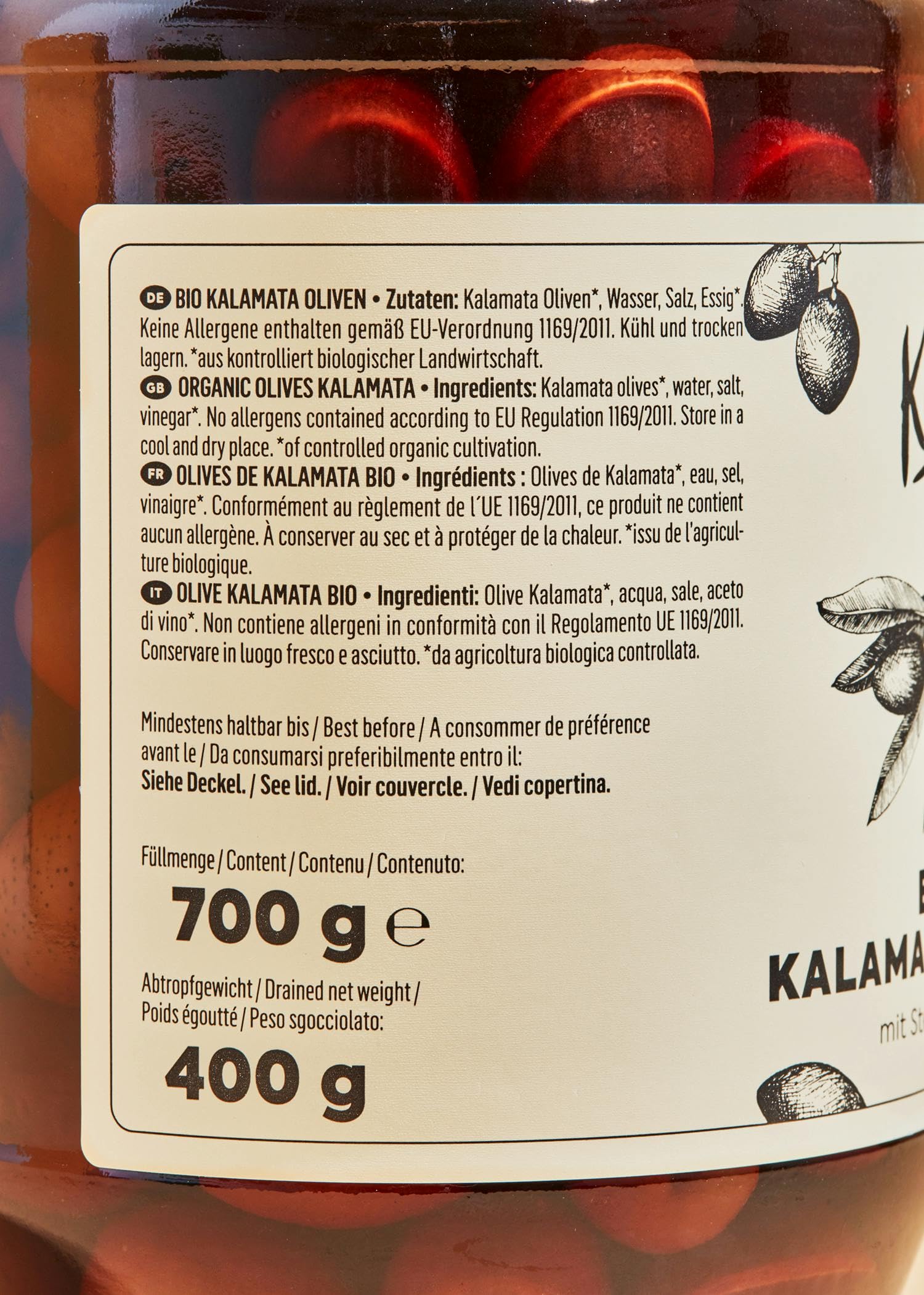 KoRo - Olives Kalamata Bio avec noyau 6 x 400 g - aromatique unique - olives naturelles en saumure - provenance Grèce