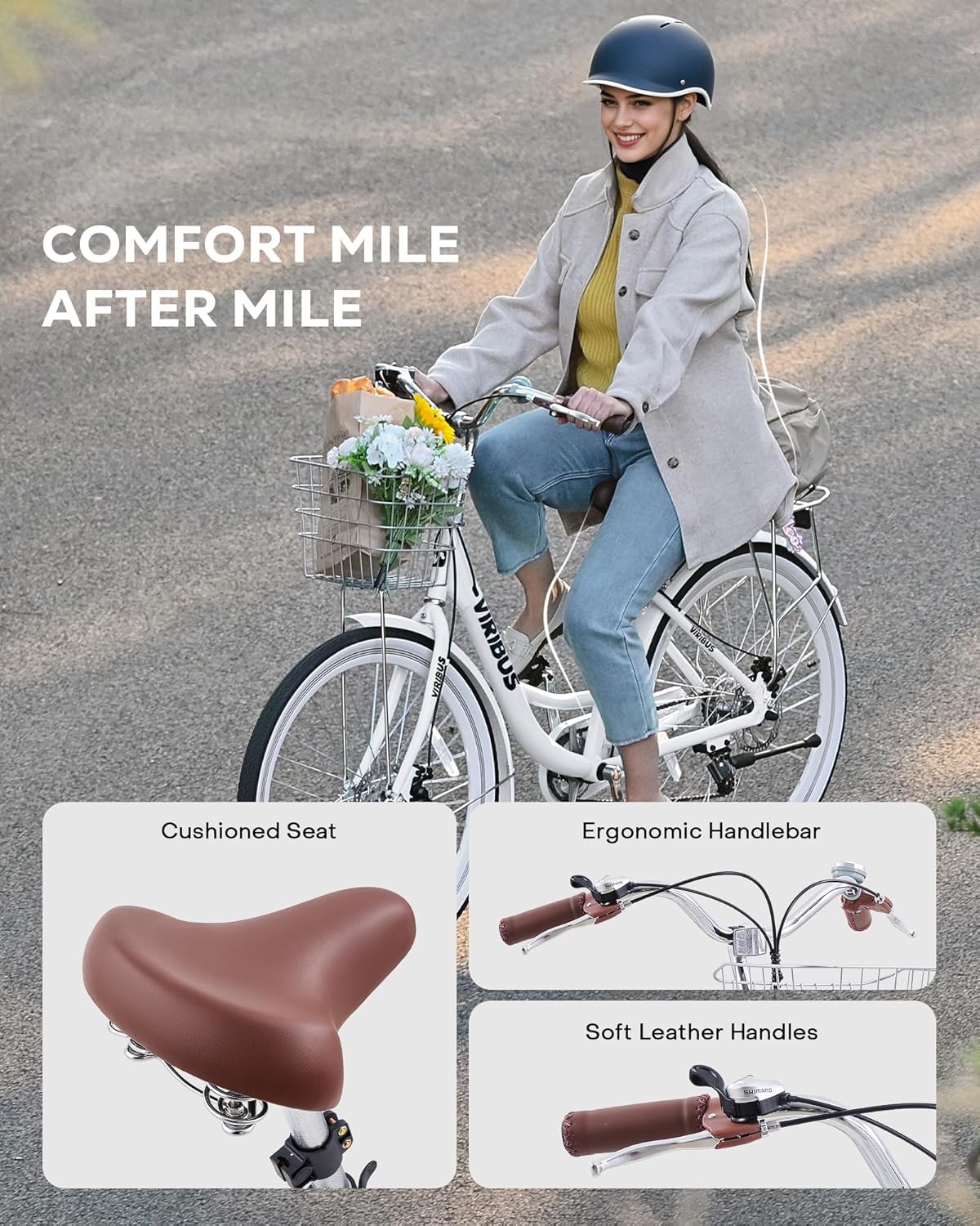 VIRIBUS Womens Bike with Lightweight Aluminum Alloy Frame, 7 Speed Beach Cruiser Bike for Women with Front Basket & Rack, Step-Through Bicycle for Women with Disc Brakes, 24 26 in. 330 lb.