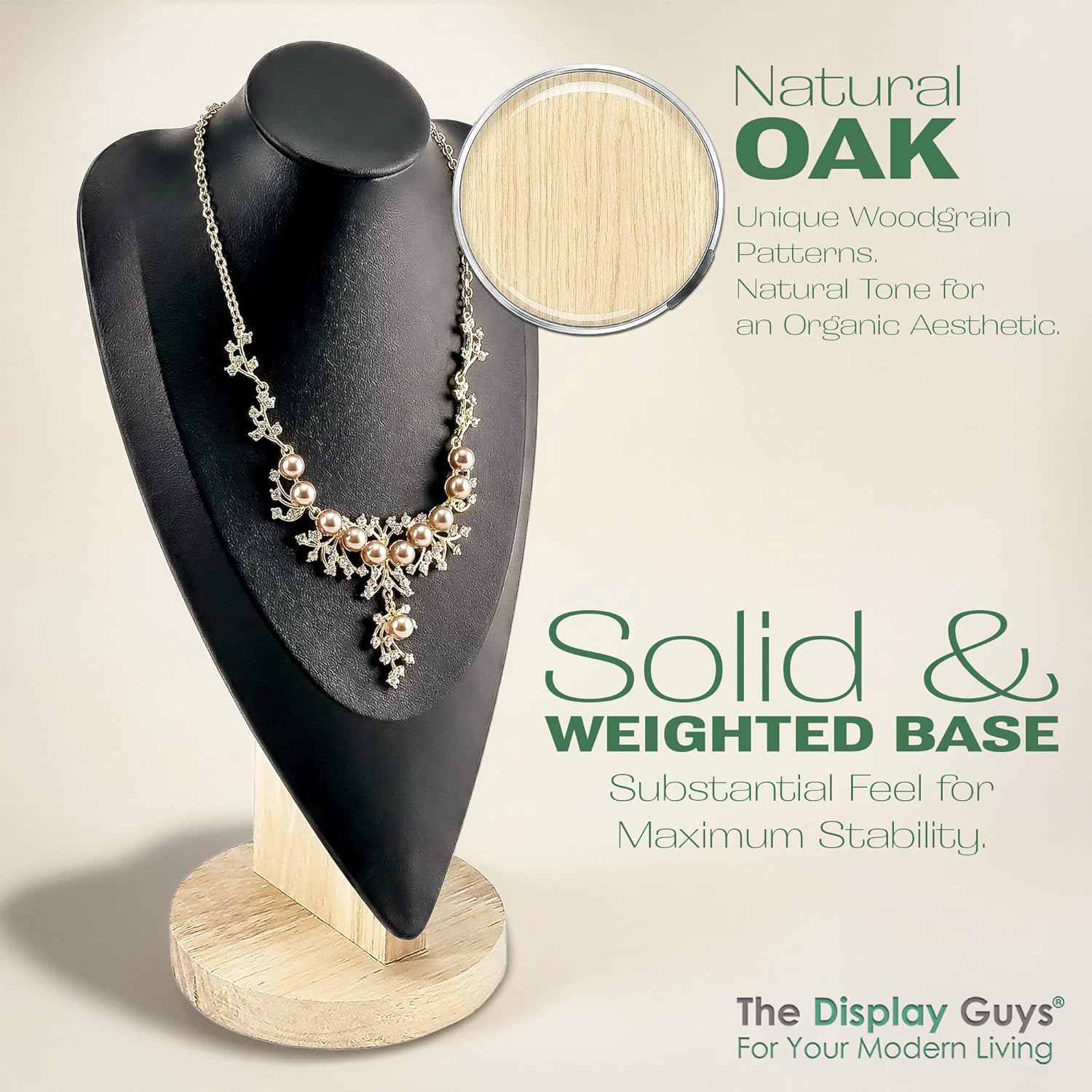 14.5" Solid Oak Jewelry Necklace Bust Display Stand for Vendors - Black Faux Leather - Wooden Mannequin Chain Holder - Tall
