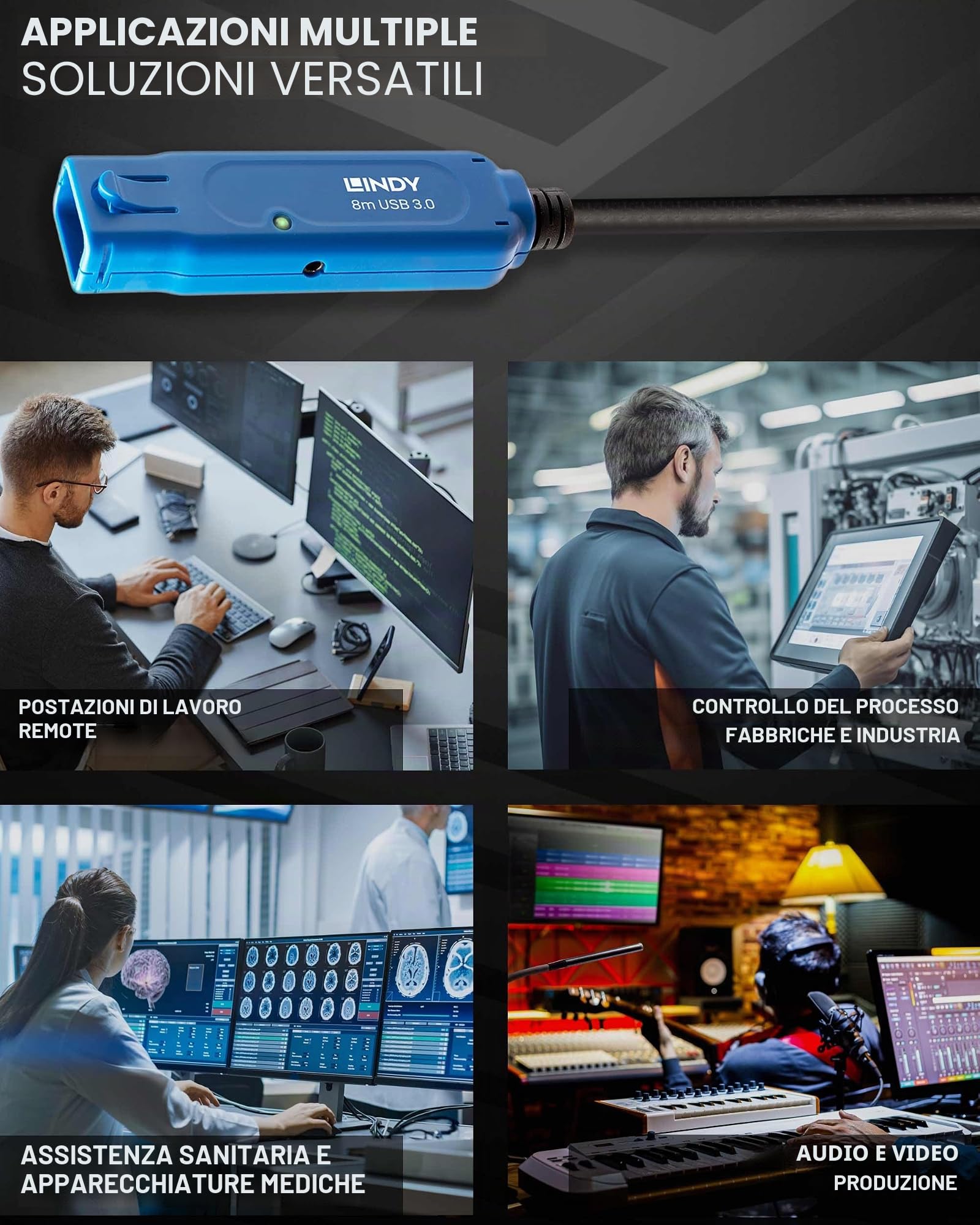 LINDY - Cavo Prolunga USB 3.0 Active Extension Pro 8 Metri, Connettore USB Tipo A Maschio a Femmina, Velocità di Trasferimento Dati Super Speed fino a 5 Gbps per Webcam, Stampanti, Lettori di Schede