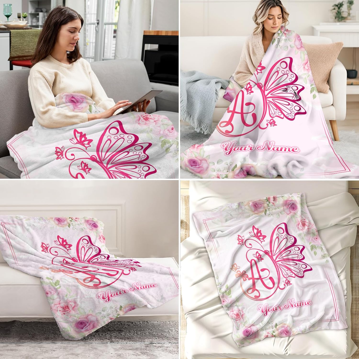 Custom Butterfly Blanket Gift for Adults - 60"x80" Inches Butterfly Throw Blanket for Women, Girls - Pink Cozy Fuzzy Throws for Sofa, Bed & Living Room