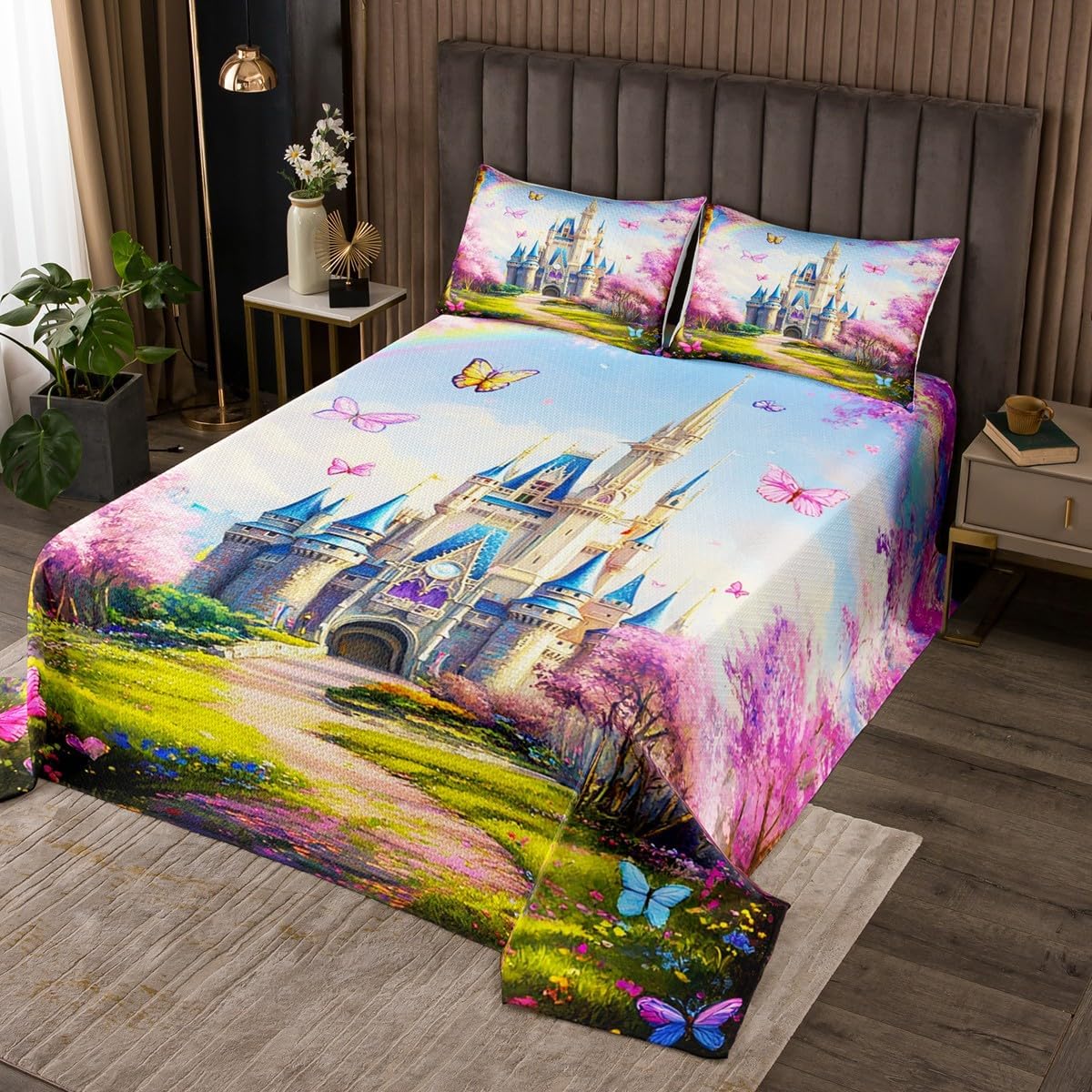 Erosebridal Castle Kids Coverlet Sets Dreamy Princess King Bedspread Set for Girls Room Decor,Pink Cherry Blossom Quilt Sets Colorful Butterfly Bedding Set 2 Pillow Cases