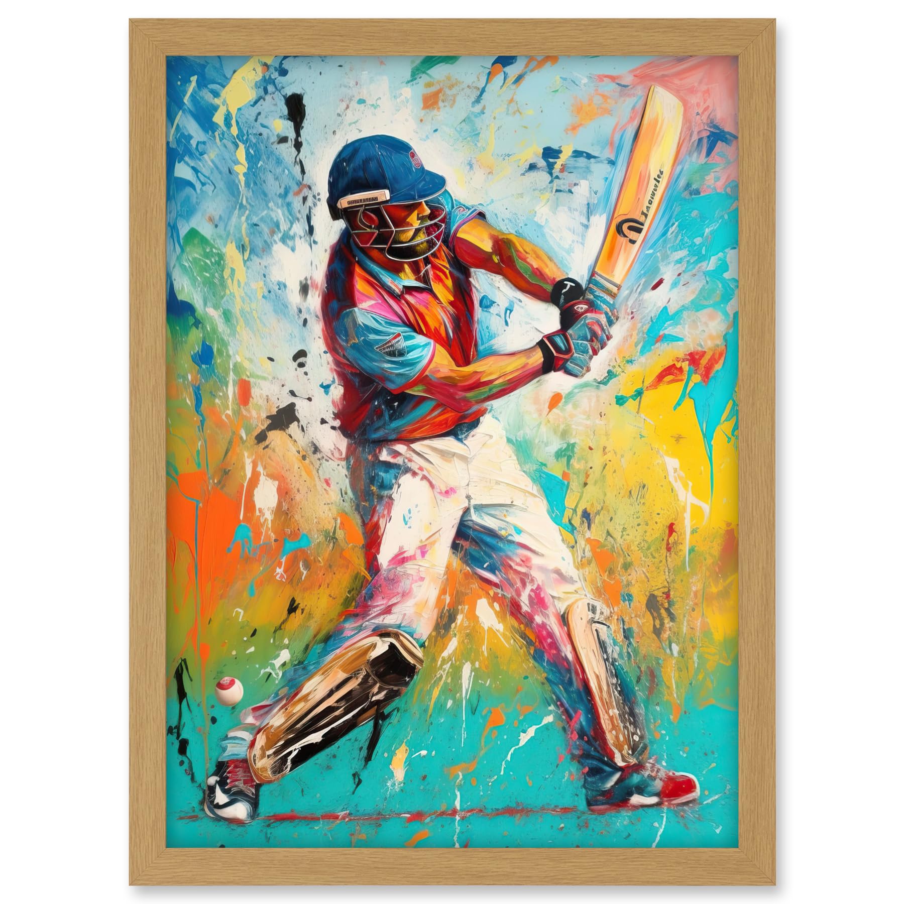 Artery8 Cricket Shot Vibrant Cricketer Batsman Portrait Artwork Framed A3 Wall Art Print