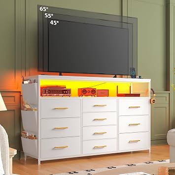 EnHomee Dresser with 10 Drawers, LED TV Stand for 55 TV with Power Outlets | Chest of Drawers with Side Pockets and Shelves, Metal Frame and Sturdy Wood for Bedroom, Hallway, White
