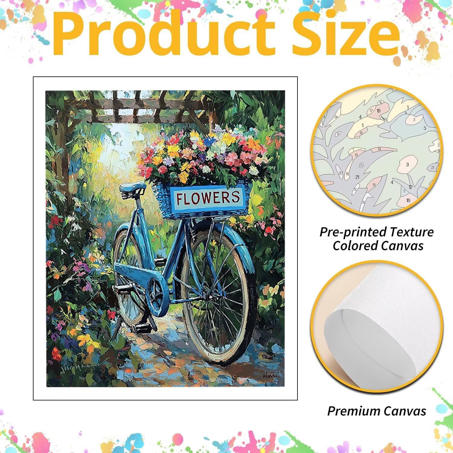WEISHIWE Malen nach Zahlen Erwachsene Blumen mit Fahrrad, 70x90cm x-442 | Malen nach Zahlen Erwachsene Leinwand Kit, DIY Handgemalt Ölgemälde Set mit 3-Pinseln und Acrylfarbe für Wanddeko,Ohne Rahmen