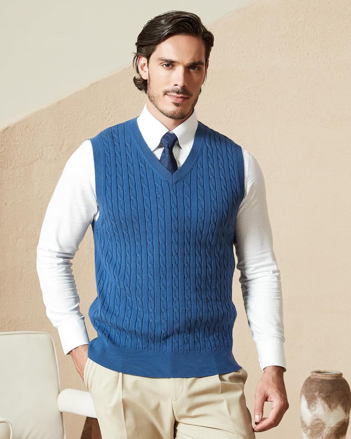 Kallspin Men’s Cable Knit Sweater Vest Pure Cotton V-Neck Sleeveless Knitted Pullover for Fall Winter - Image 5