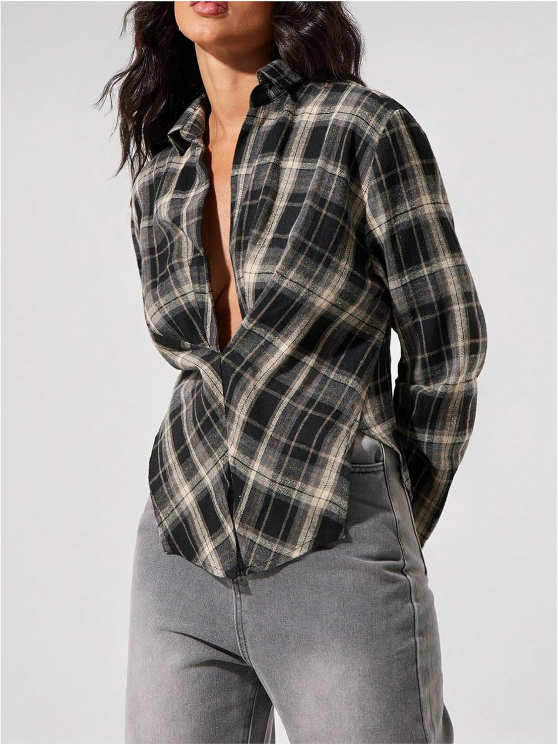 Floerns Women's Plaid Long Sleeve Shirts Split Fall Outfit Dressy Casual Blouse Tops - Image 2