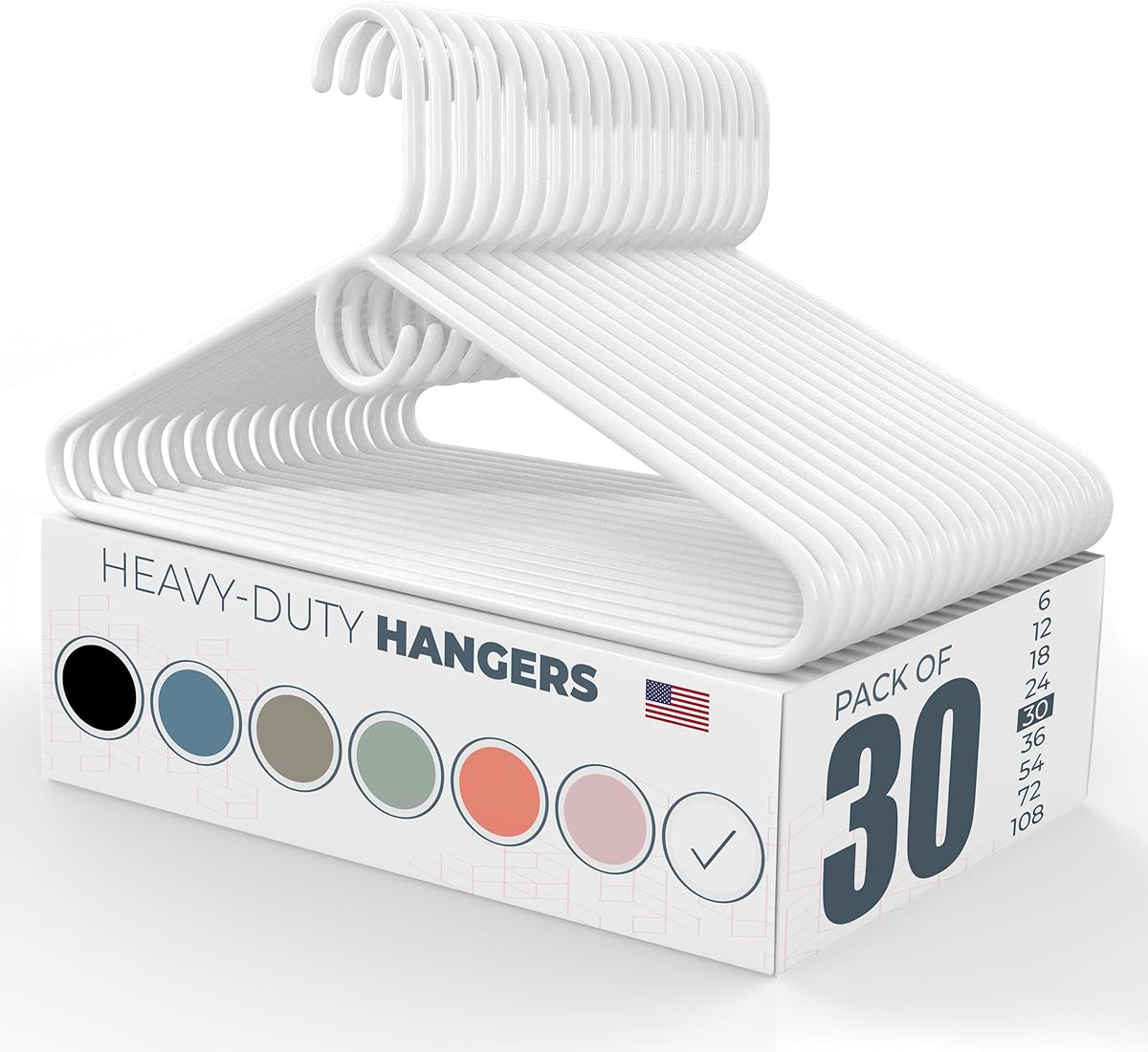 Heavy Duty Clothes Hangers 30 Pack – Made in the USA – 8lb Capacity Plastic Hangers for Adult Clothing – Durable for Pants, Coats, Jackets, or Jeans – White