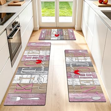 Kitchen Rugs Set 3 Piece, Non Slip Pink Kitchen Mats for Floor, Soft Fabric with Rubber Backing, Farmhouse Anti Fatigue Runners Carpet for Home Kitchen Laundry Room Hallway Rustic Pink & Grey