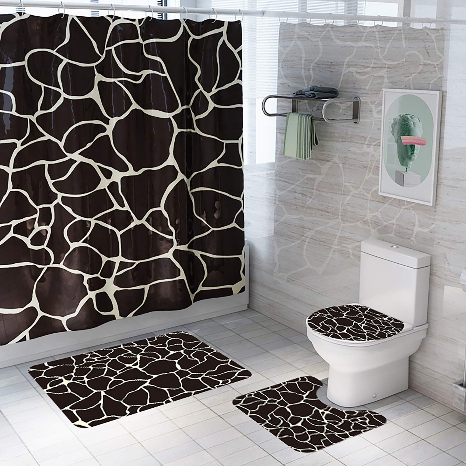 Rideau de douche imperméable en polyester avec tapis absorbants et crochets de fixation