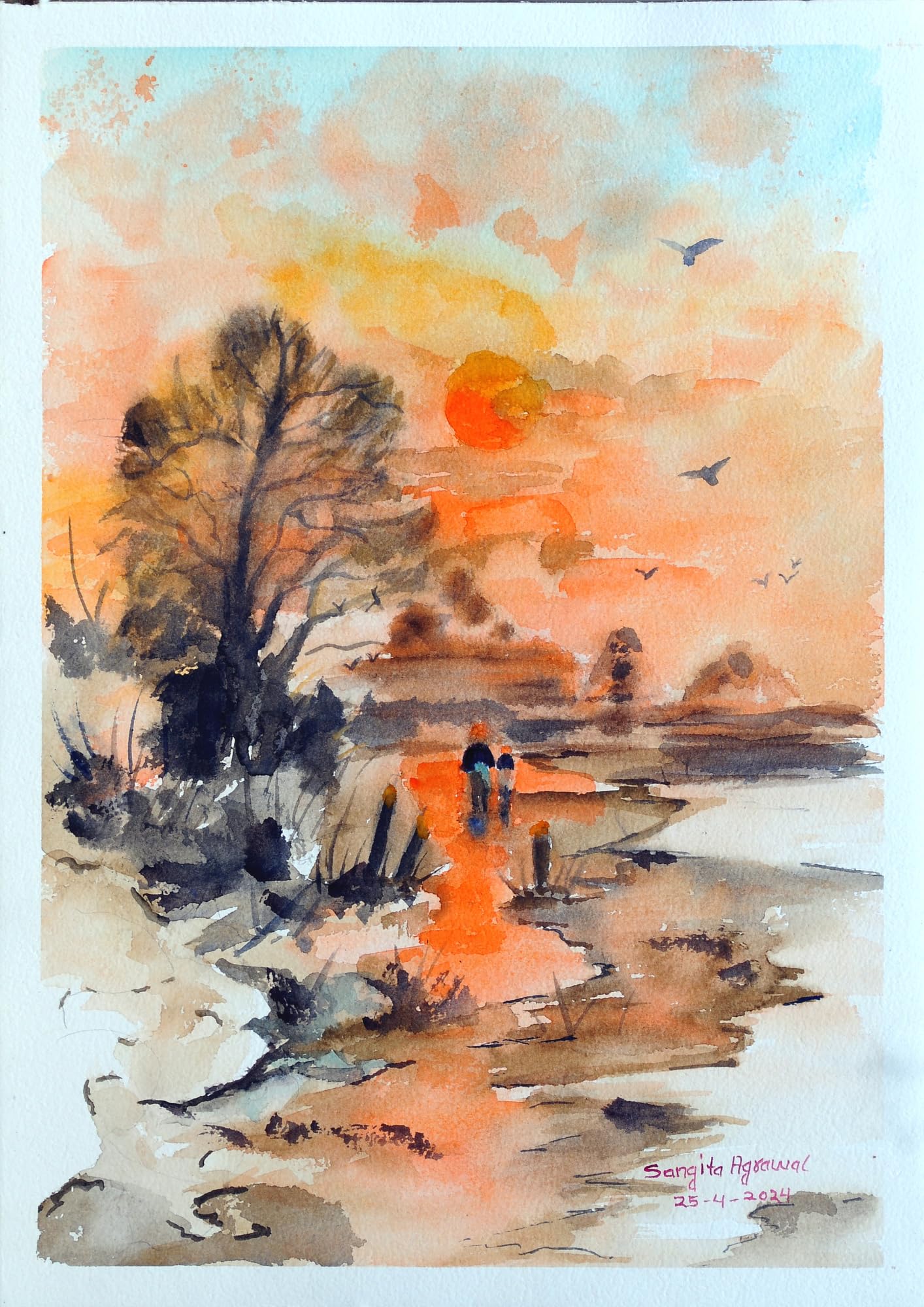 Handmade Water Colour Landscape Painting on Paper, A3 Size, 33