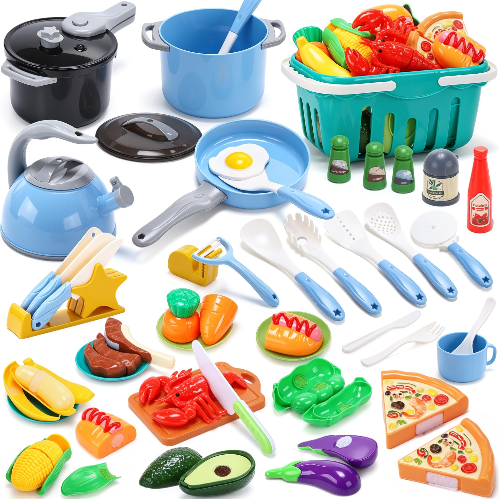 CUTE STONE Kids Kitchen Pretend Cooking Toy Set with Pressure Cooker, Toy Pots & Pans, Play Food, Kids Cookware Utensils & Shopping Basket, Toddler Kitchen Accessories Gift for Boys Girls