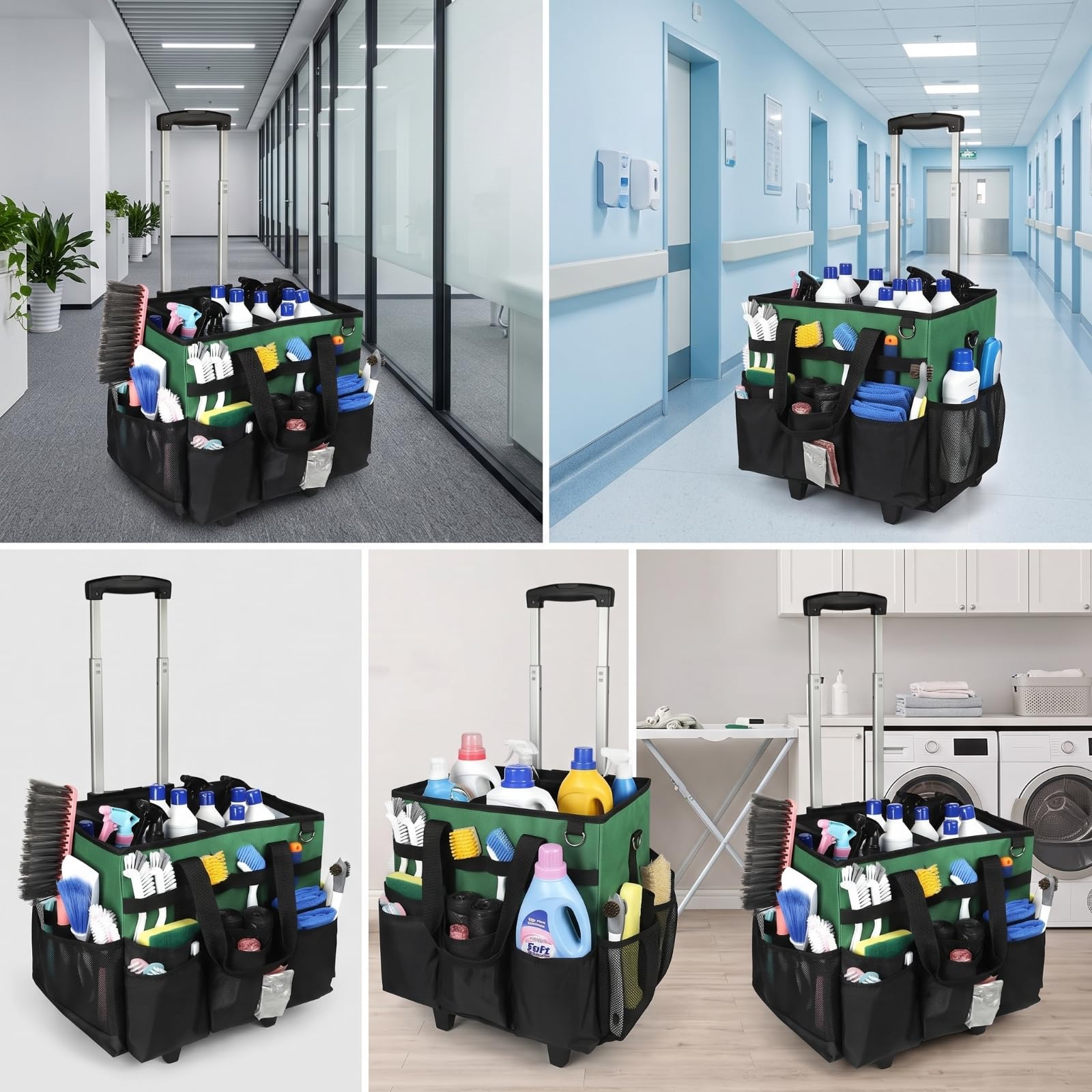 Carrello Porta Prodotti Pulizia Resistente Borsa Organizer con Tracolla Impermeabile Borsa con Tasche per Personale Delle Pulizie, Hotel, Verde
