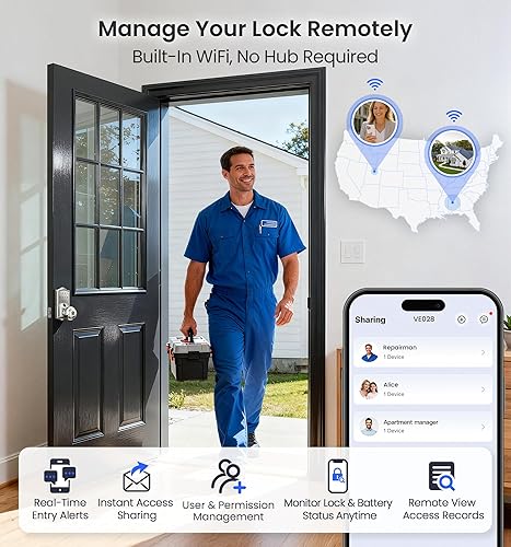 Miniatura 3 de Veise VE028 - Cerradura inteligente Wi-Fi integrada con perilla, entrada sin llave de huellas dactilares con asa, control remoto de aplicación y